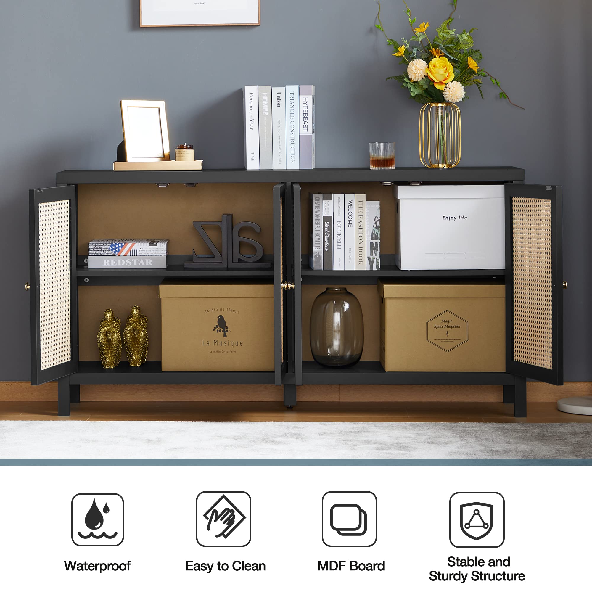 QHITTY 4-Door Rattan Sideboard Buffet Cabinet with Adjustable Shelves - Storage Console Table for Kitchen, Dining Room, Living Room & Hallway - Perfect for Organizing Dishes, Linens & Home Decor (Black)
