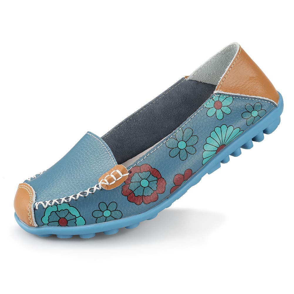 Ablanczoom Women's Comfortable Leather Floral Print Flats - Casual Driving Loafers & Walking Shoes for Women | Perfect for Office, Travel & Everyday Wear