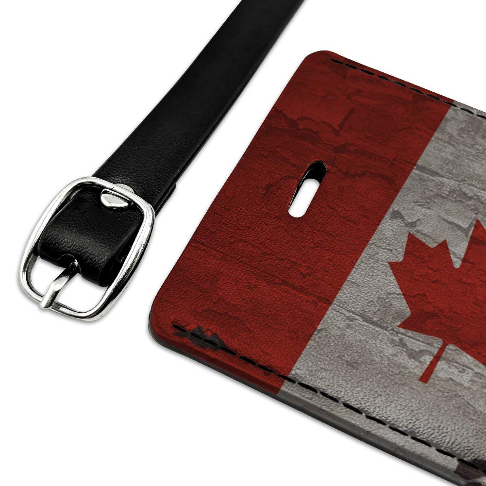 Vintage Distressed Canada Flag Wooden Rectangle Leather Luggage Tag - Personalized ID Card Holder for Travel Bags, Suitcases & Backpacks | Perfect for Travelers, Tourists & Gift Giving