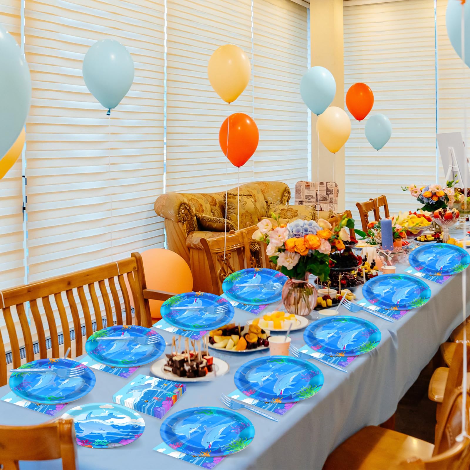 96 Pcs Dolphin Party Supplies Set - Ocean Themed Disposable Plates, Napkins, Forks - Blue Under the Sea Birthday Party Decorations for Baby Shower, Dessert Tableware (Serves 24 Guests) - Perfect for Beach Parties, Nautical Events & Kids Birthday Celebrations