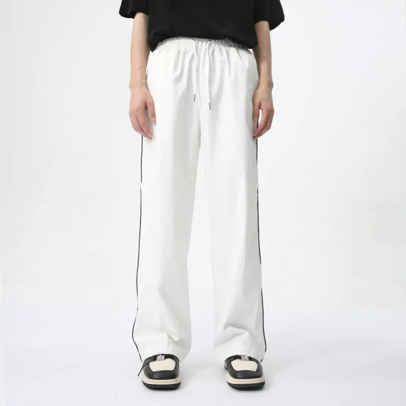 **American Style Loose Fit Men's Sports Pants - Casual Lace-Up Wide Leg Trousers with Side Stripes - Breathable Summer Joggers for Gym, Running & Lounge Wear**