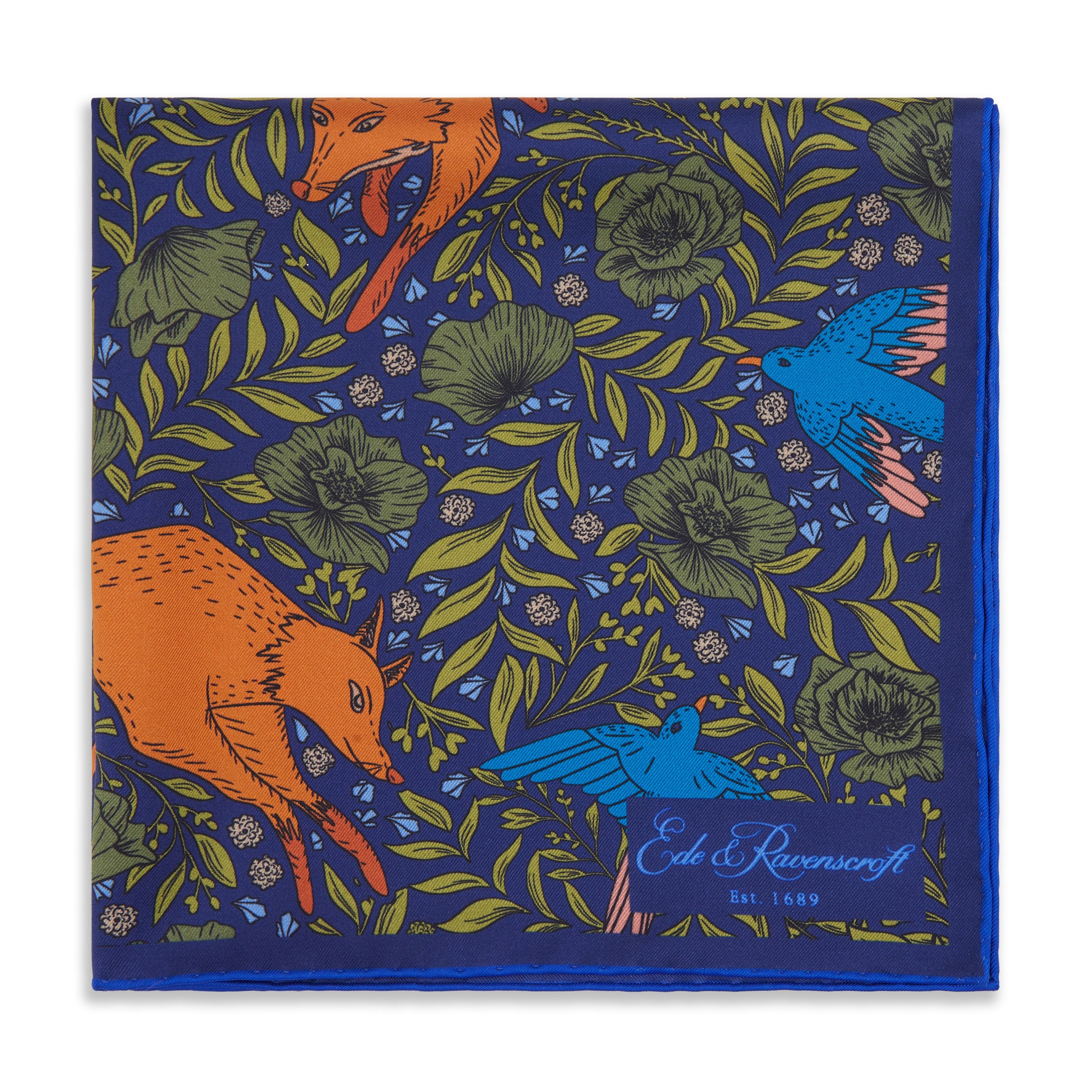 Stylish Navy & Orange Playful Fox Silk Pocket Square for Men - Perfect for Weddings, Business Meetings & Formal Events