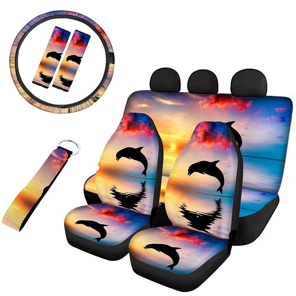 Freewander 7-Piece Car Interior Accessories Set - Sunset Dolphin Print Front Seat Covers, Steering Wheel Cover, Seatbelt Pads, Wristlet Lanyard & Keychain Holder | Perfect Women's Gift for Beach Lovers & Summer Road Trips
