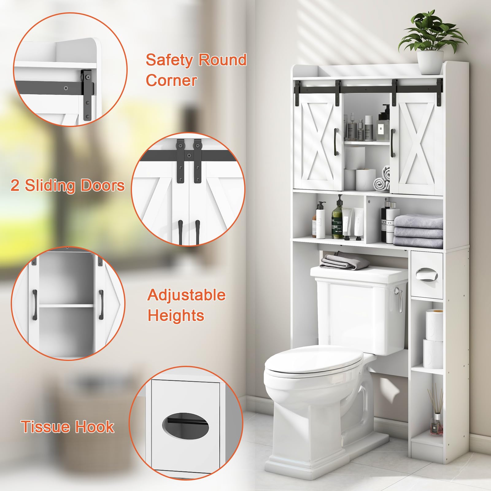 Farmhouse Over The Toilet Storage Cabinet with Sliding Doors - Space-Saving Bathroom Organizer for Toiletries, Towels & Laundry - Perfect for Small Bathrooms, Restrooms & Apartment Living