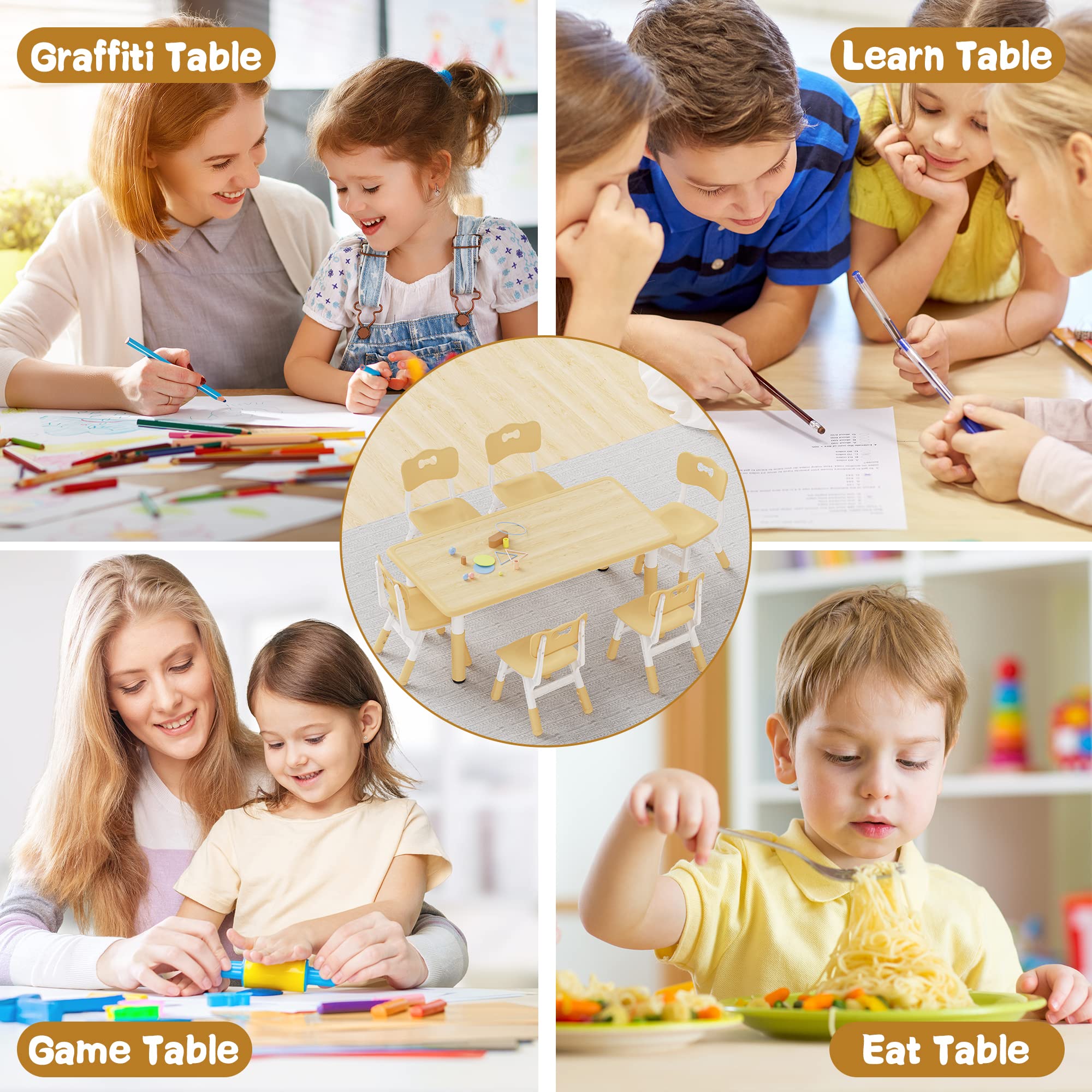 Brelley Adjustable Height Kids Table and 6 Chairs Set - Toddler Activity Table with Graffiti Desktop for Classroom, Daycare & Home - Perfect for Arts, Crafts & Learning Activities (Ages 2-8)