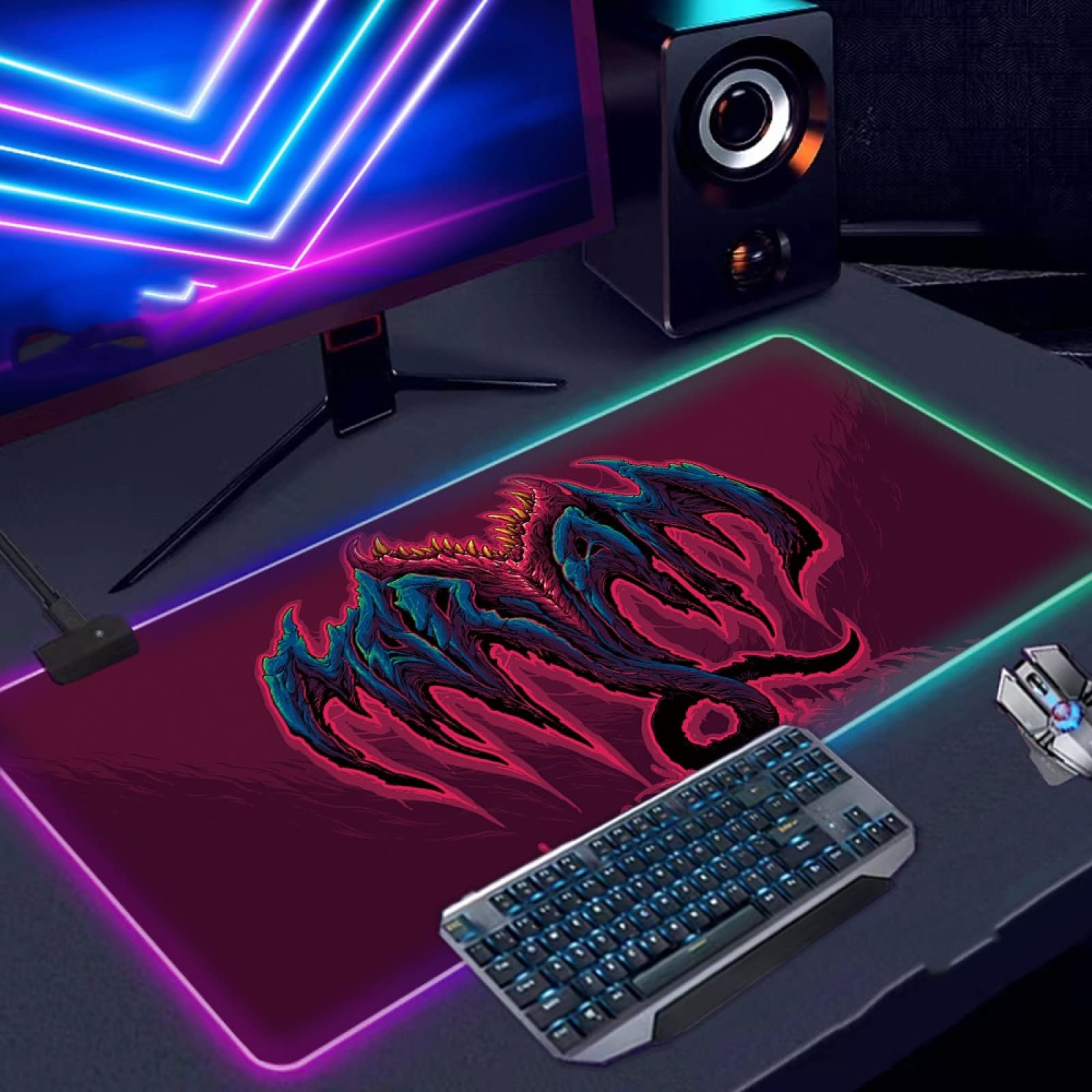 Red Monster Dragon RGB Gaming Mouse Pad - 19.7x39.3 Inch LED Gamer Keyboard Mat with Non-Slip Base | Perfect for PC, Laptop, Esports & Office Setup