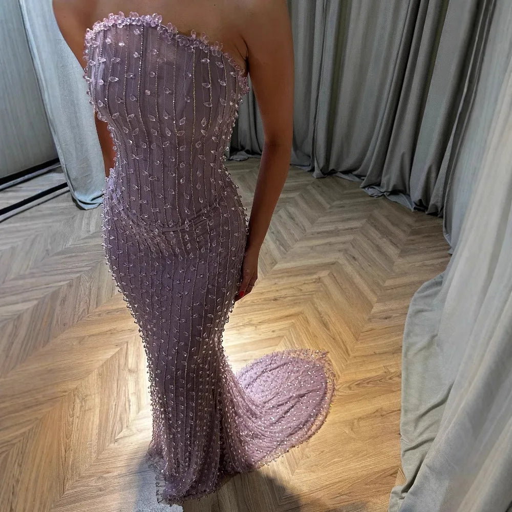 Elegant Beaded Strapless Lilac Mermaid Evening Gown LA72950 - Formal Prom Dress for Women, Perfect for Weddings, Galas & Special Occasions
