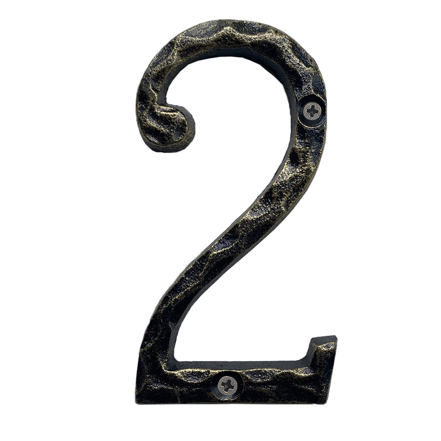 5.6 Inch Cast Iron Hammered House Numbers - Rustic Brass Mailbox Address Plaque for Home, Porch, and Garden Decor (Number 2)