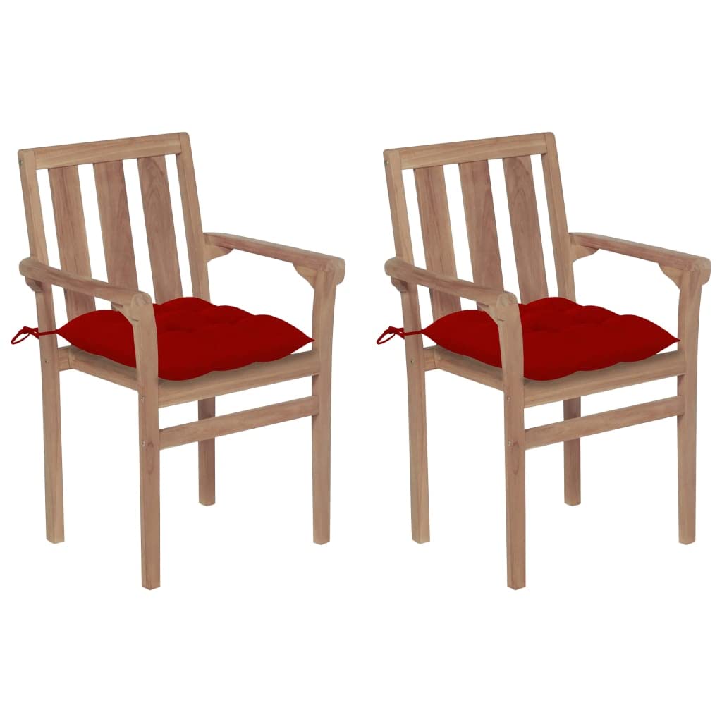 Premium Teak Wood Patio Chairs Set of 2 with Red Cushions - Outdoor Garden Dining Chairs for Lawn, Backyard, Porch & Indoor Use - Weather-Resistant Comfortable Seating for Relaxing & Entertaining