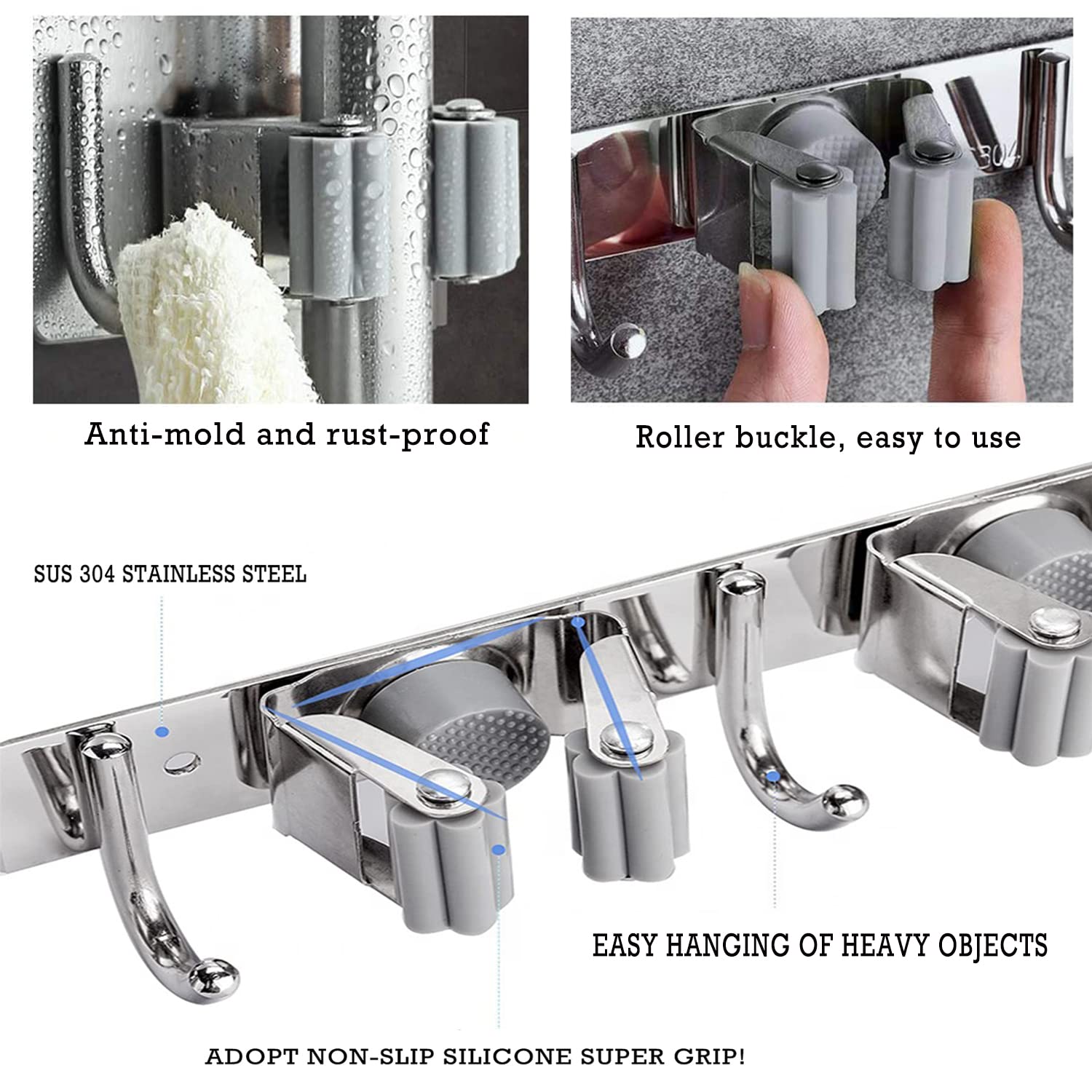 2 Pack Heavy Duty Stainless Steel Broom Holder Wall Mount - 3 Racks & 4 Hooks Garage Organizer, Self-Adhesive Tool Storage for Home, Kitchen, Laundry Room, Garden - Perfect for Organizing Brooms, Mops, and Cleaning Supplies