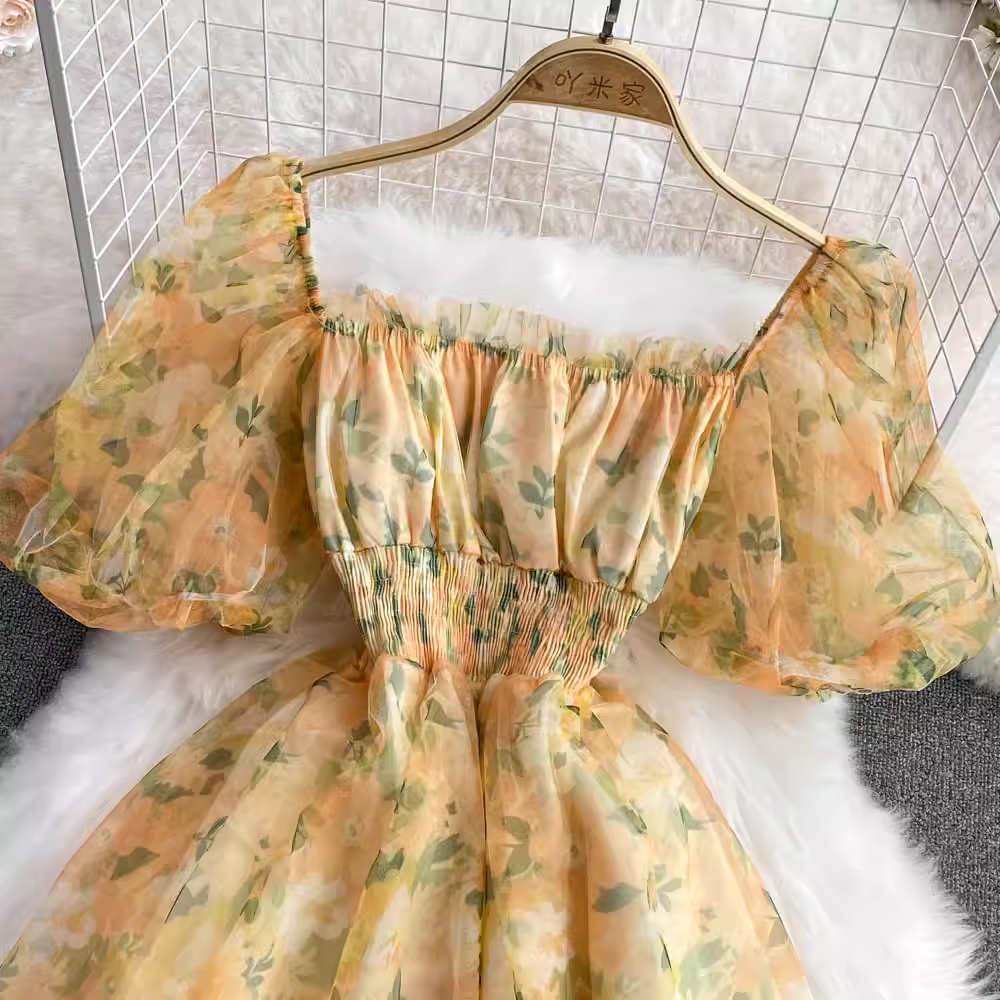 French Square Neck Floral Print Dress - Summer Retro Sweet Chic Women's Dress 1771 | Perfect for Beach Vacations, Garden Parties & Date Nights
