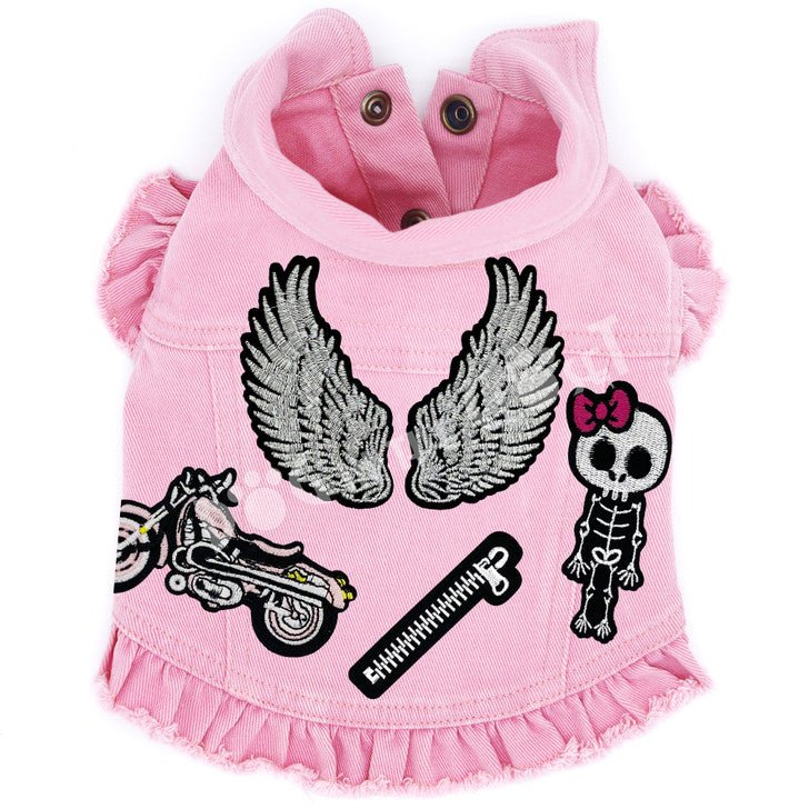 Pink Denim Dog Jacket for Small Dogs - Stylish Biker Pet Vest with Adjustable Straps - Perfect for Motorcycle Rides, Outdoor Adventures & Fashion Photos
