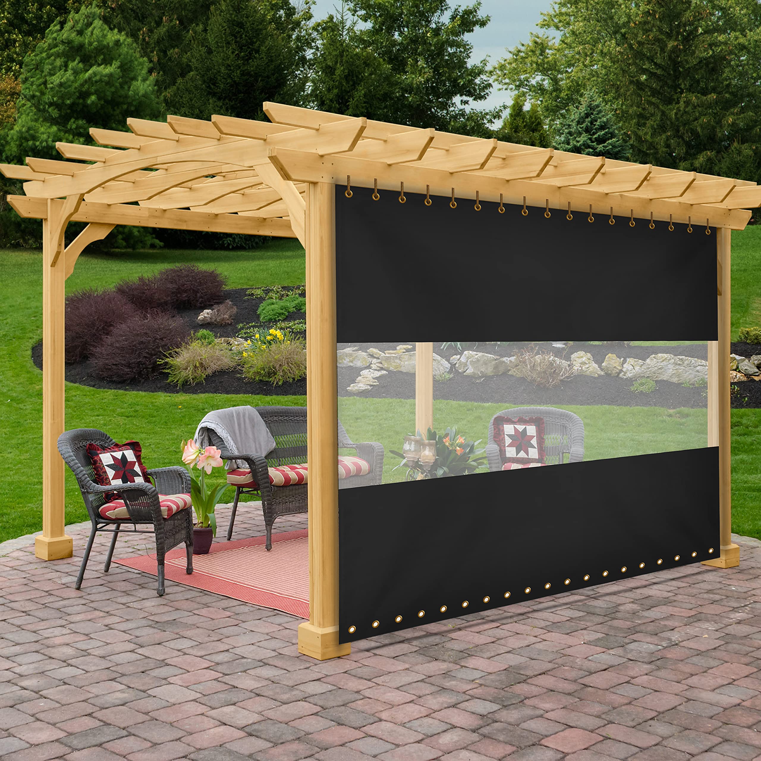 **12 oz Vinyl Outdoor Clear Panel Curtains - Waterproof & Weather Resistant Patio Cover with Brass Grommets for Pergola, Porch, Gazebo, Balcony - Perfect for Sun, Rain & Wind Protection (15'H x 10'W, Black)**