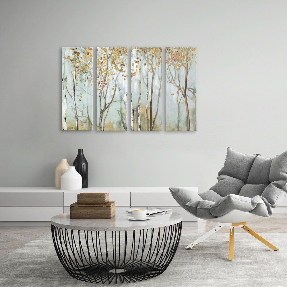 Birch In The Fog II Hand Embellished Canvas Art Set - 4 Panels (40x27x1.25 inches) - Multi-Color Abstract Landscape Paintings for Living Room & Bedroom Wall Decor