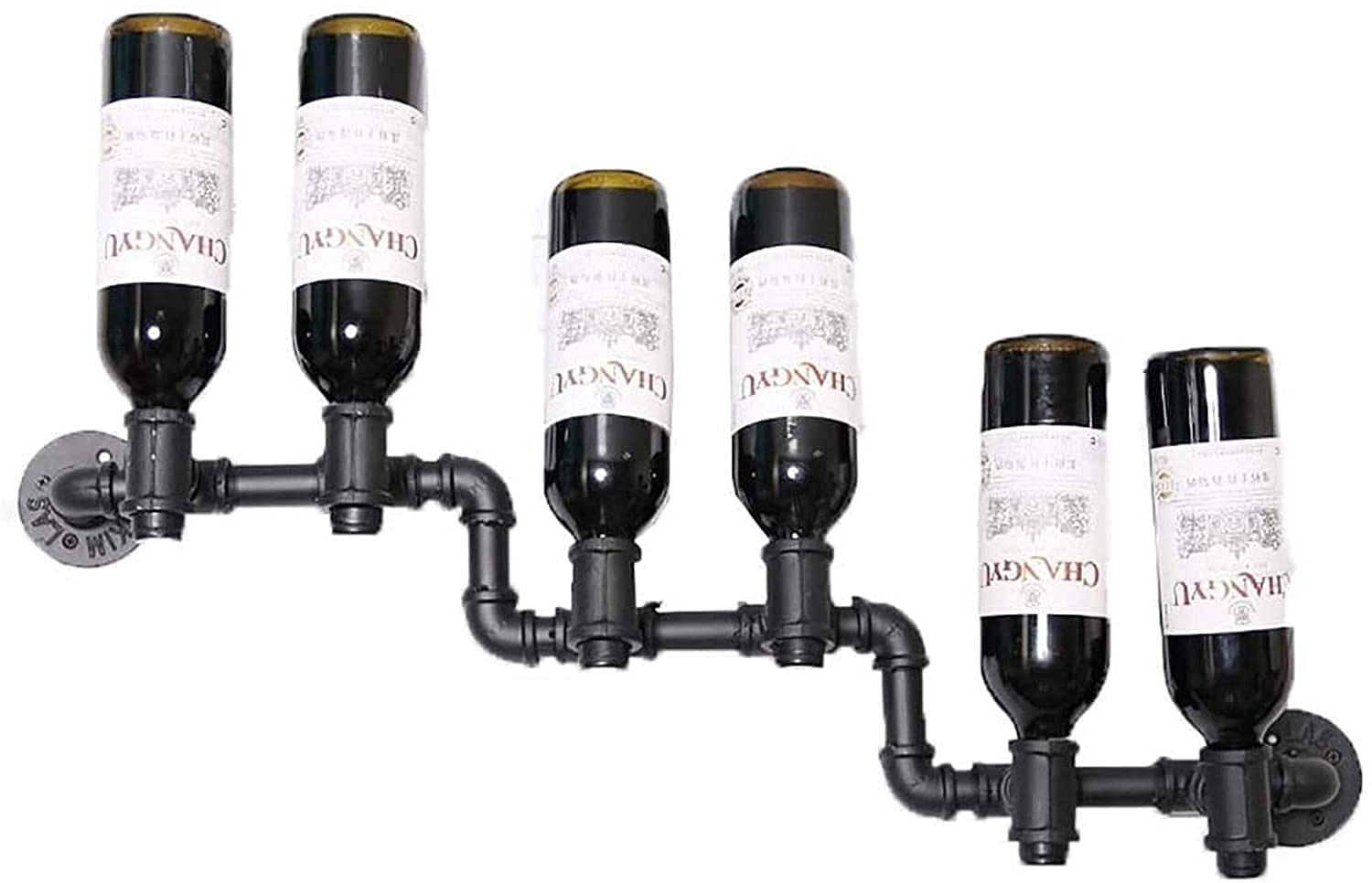 5-Bottle Wall Mounted Wine Rack - Black Wrought Iron Inverted Wine Bottle Holder for Kitchen, Bar & Dining Room Decor - Space-Saving Wine Storage Shelf with Water Pipe Design