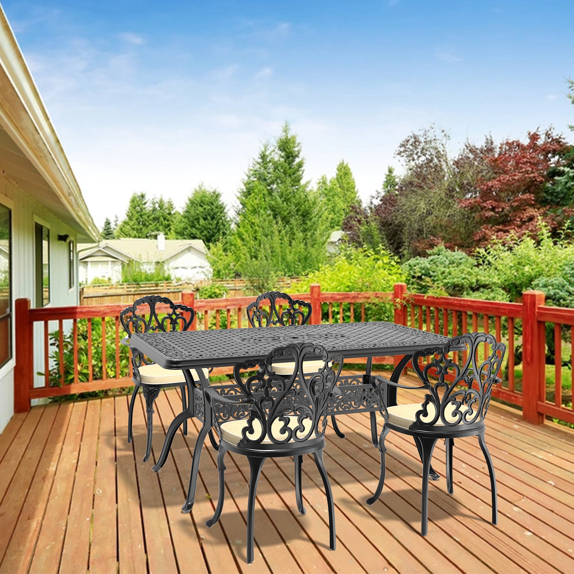 5-Piece Cast Aluminum Patio Furniture Set with Cushions (Random Colors) - Outdoor Dining & Lounge Set for Garden, Poolside, and Backyard Relaxation