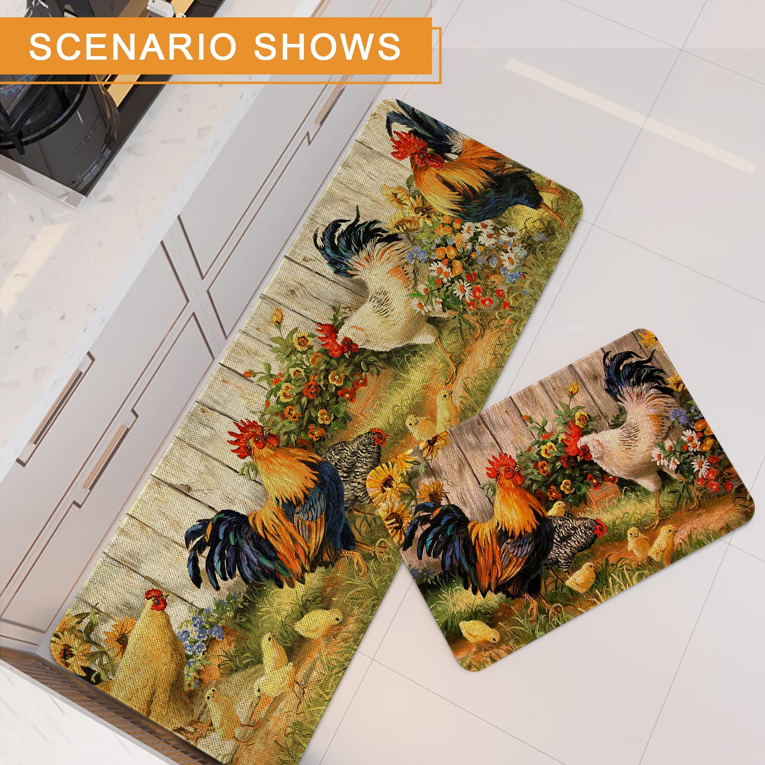 Farmhouse Kitchen Rugs and Mats Set of 2 - Non-Slip Washable Floor Mats with Rooster Design for Farmhouse Decor (17x29 & 17x47 Inch) - Perfect for Kitchen, Entryway, and Laundry Room Floor Protection