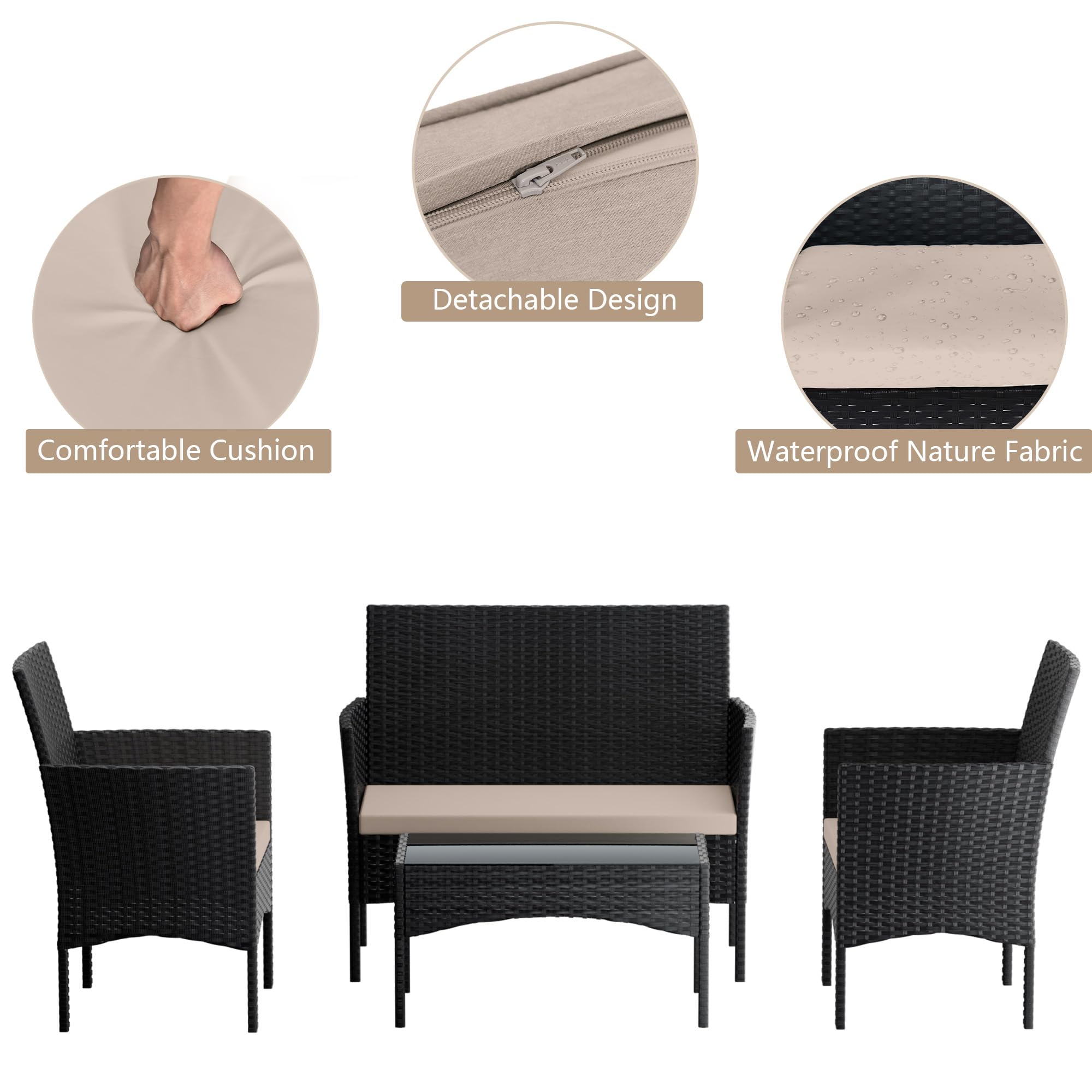 4-Piece Outdoor Patio Furniture Set - Rattan Wicker Conversation Set with Glass Table - Perfect for Porch, Pool, Backyard, Lawn, Garden & Beach Relaxation