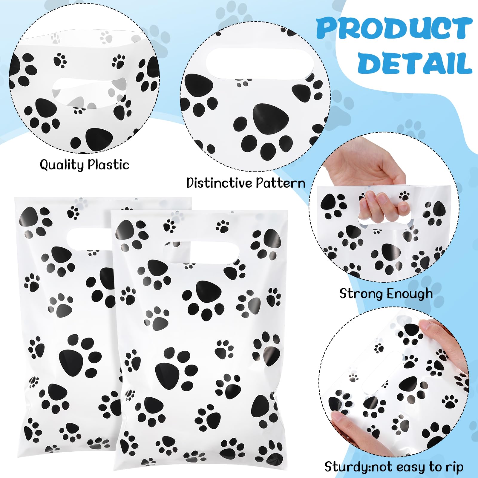 Pasimy 100 Pcs Dog Paw Print Plastic Treat Bags with Handle - Bulk Pet Party Favor Candy Goodie Bags for Dog Birthday, Puppy Shower & Holiday Celebrations (White & Black) - Perfect for Dog Treats, Party Decorations & Gift Giving