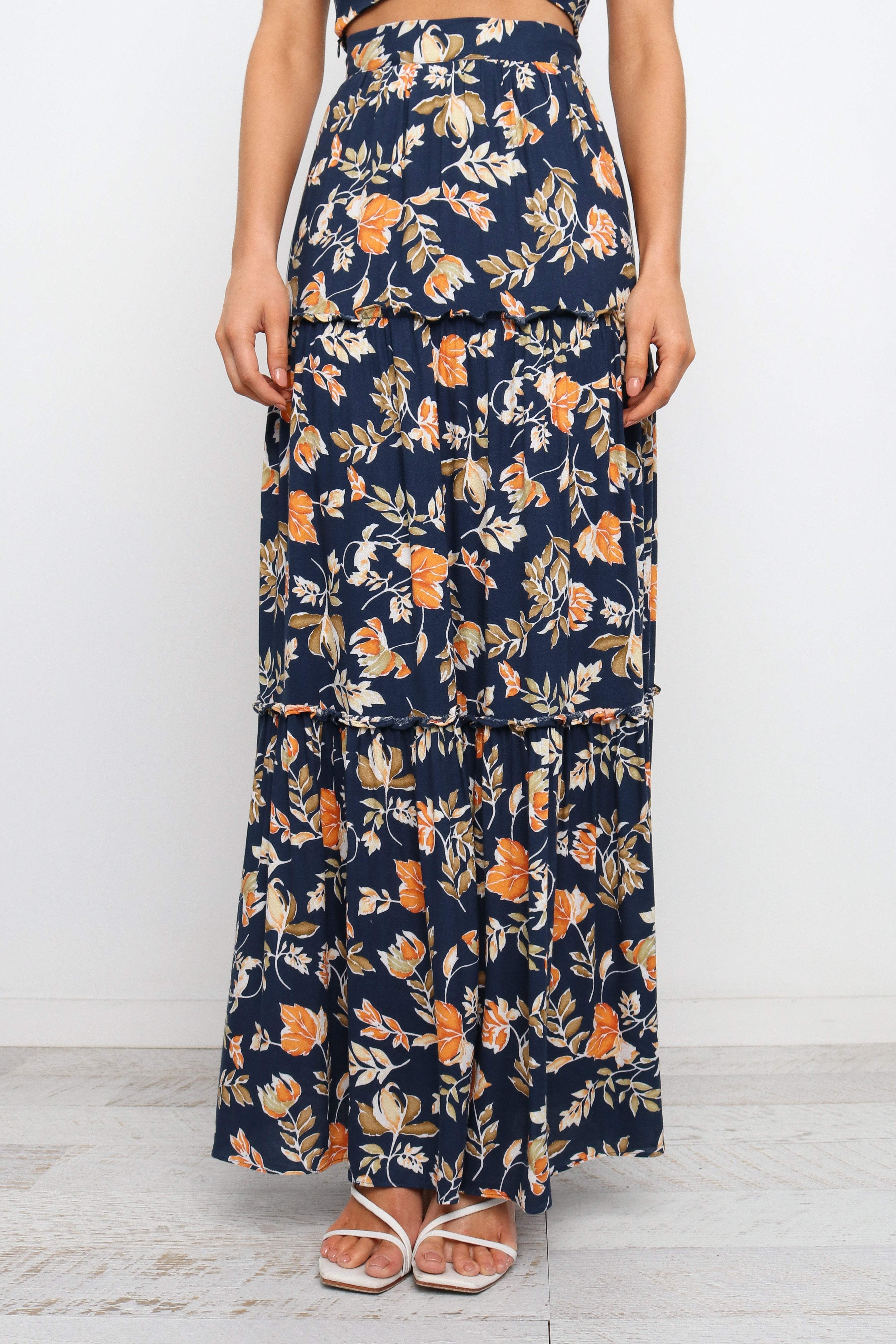 Deaville Women's Navy Blue Midi Skirt - Flowy A-Line Pleated Skirt for Office, Casual Wear & Summer Outfits