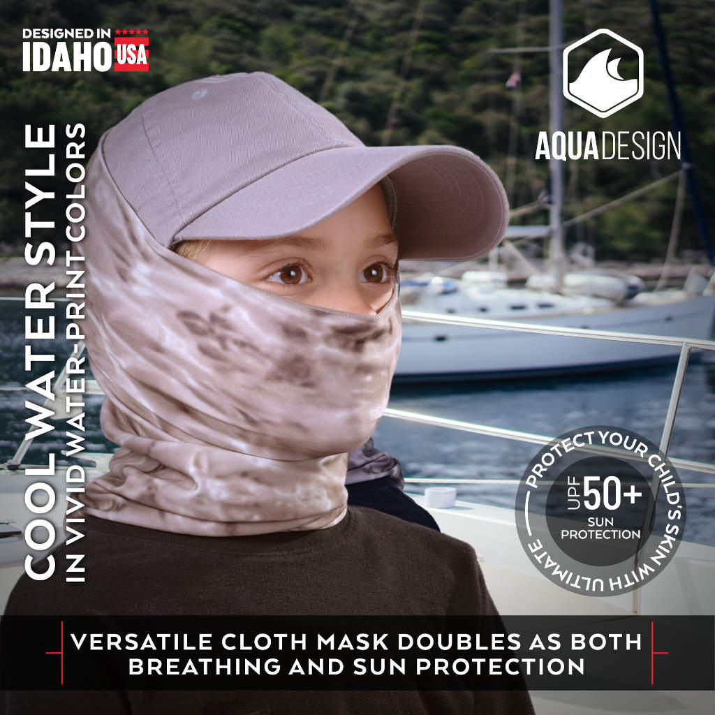 UPF 50+ Kids Reusable Sun Protection Face Mask & Neck Gaiter - Breathable UV Protection for Outdoor Activities, Hiking, Beach & School | Aqua Design