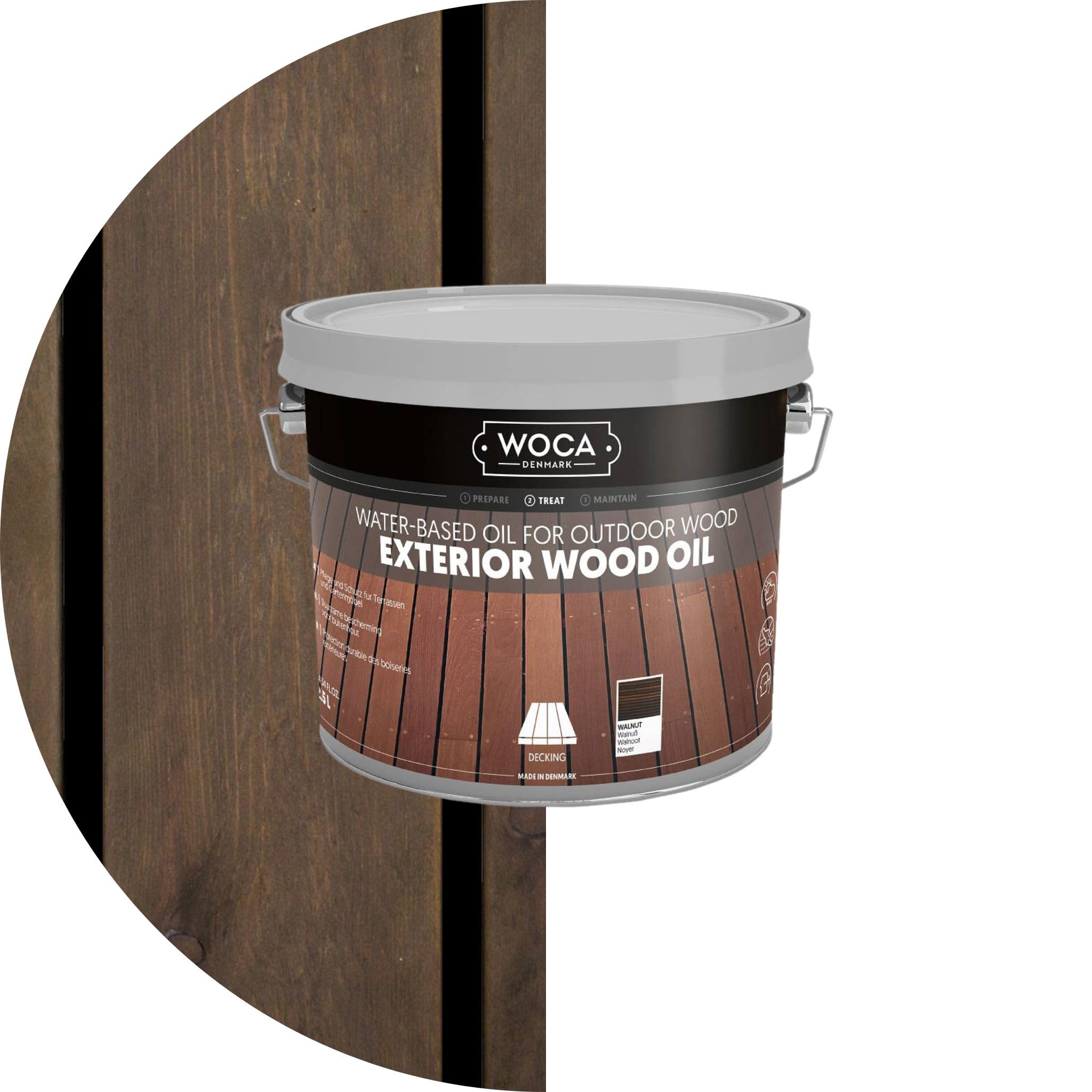 WOCA Denmark Exterior Wood Oil - Water-Based Penetrating Stain for Outdoor Wood Decks, Fences, Siding & Furniture - 2.5L Walnut - Protect & Enhance Outdoor Wood Surfaces in All Weather Conditions