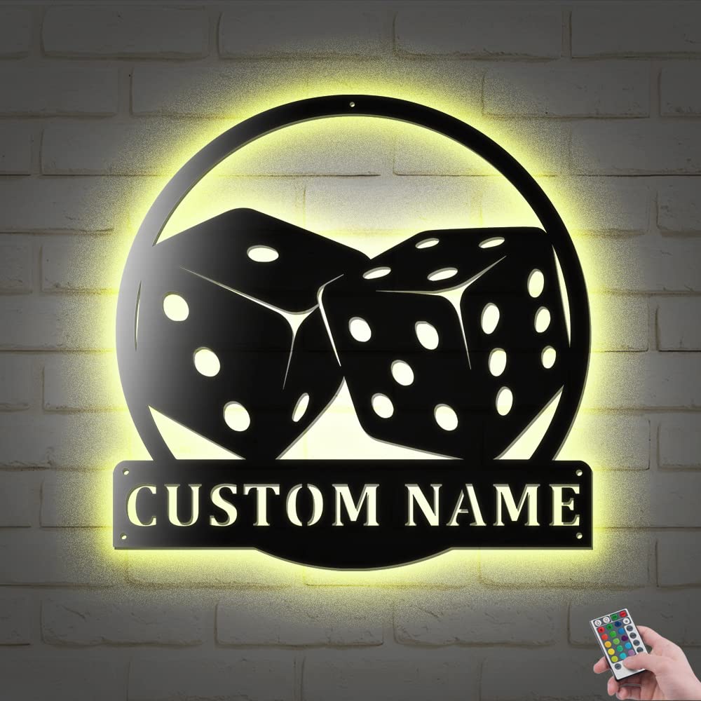 Personalized LED Metal Wall Art Dice - Custom Gamer Name Home Decor for Bedroom, Game Room & Outdoor - 12x12 Inch Wall Hanging Gift for Gamers (Without Lights)
