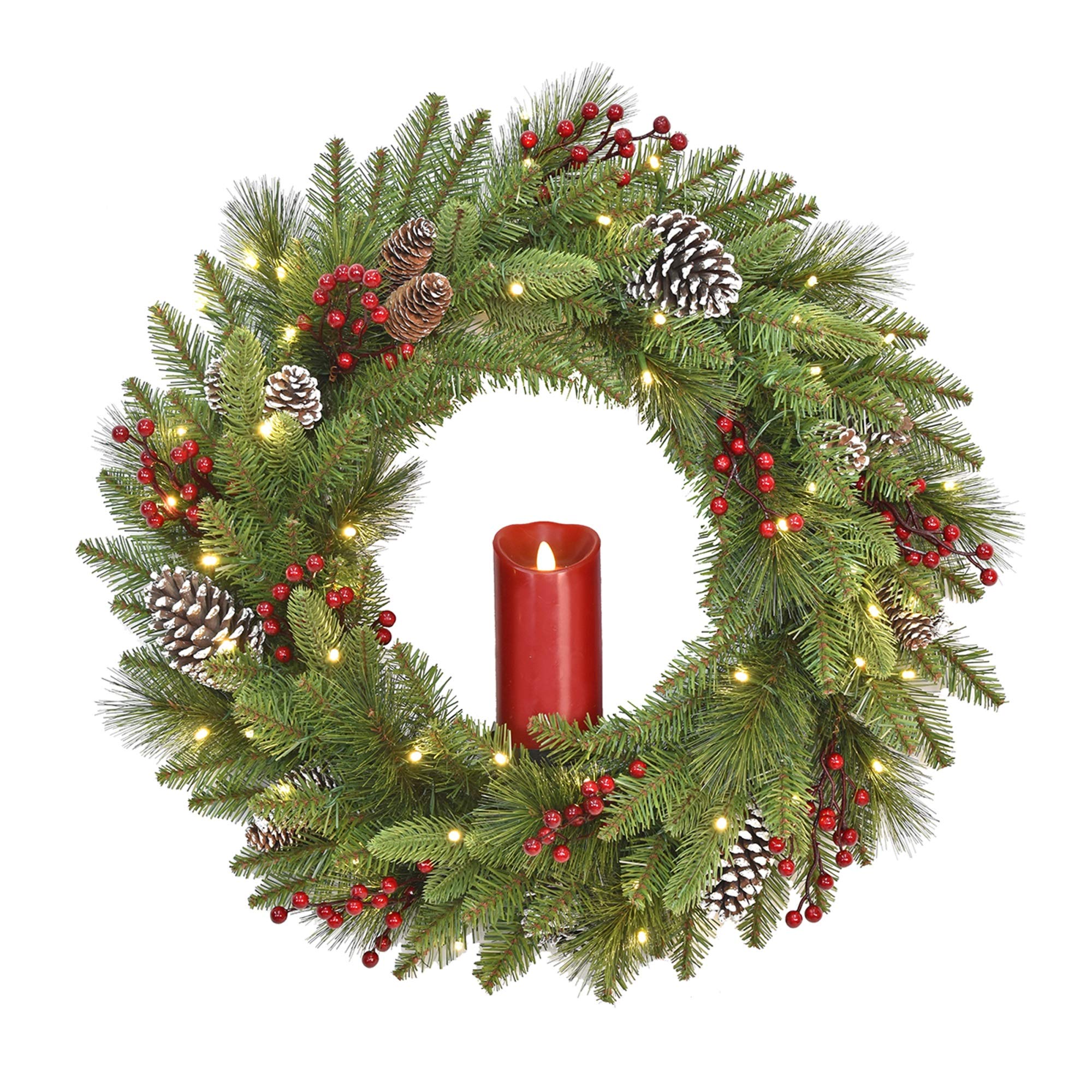Ergode 24-Inch Battery Operated Bristle Berry Wreath with Single Candle - Christmas Door Decor, Holiday Home Decoration, Festive Mantelpiece Display