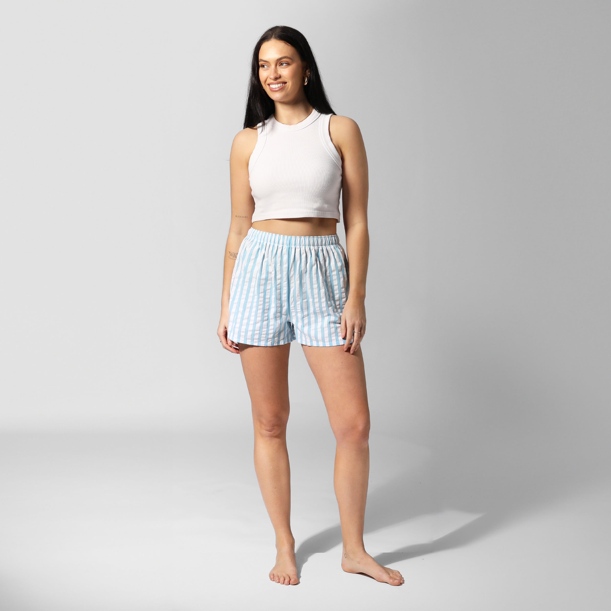 Women's Seamless Cotton Boxer Shorts - Soft Breathable Seersucker Stripe Underwear for Sleep & Lounge | Blue