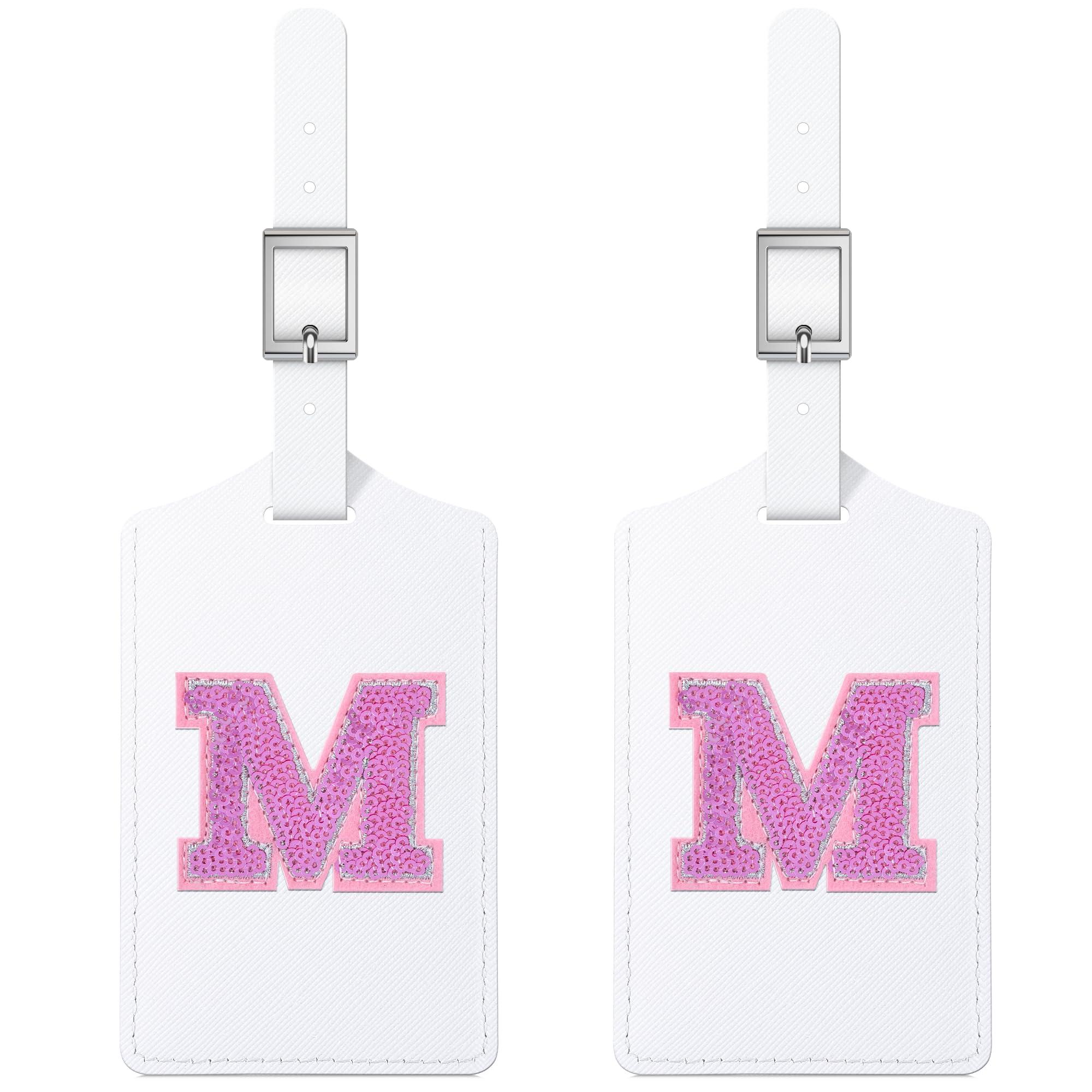 Sodsay 2 PCS Personalized Initial Luggage Tags - Cute Sequin Letter PU Leather Suitcase ID Tags with Privacy Cover for Travel - Perfect for Women, Kids, Teens & Men (M, White Leather + Hot Pink Letter) - Ideal for Airports, Vacations & Business Trips