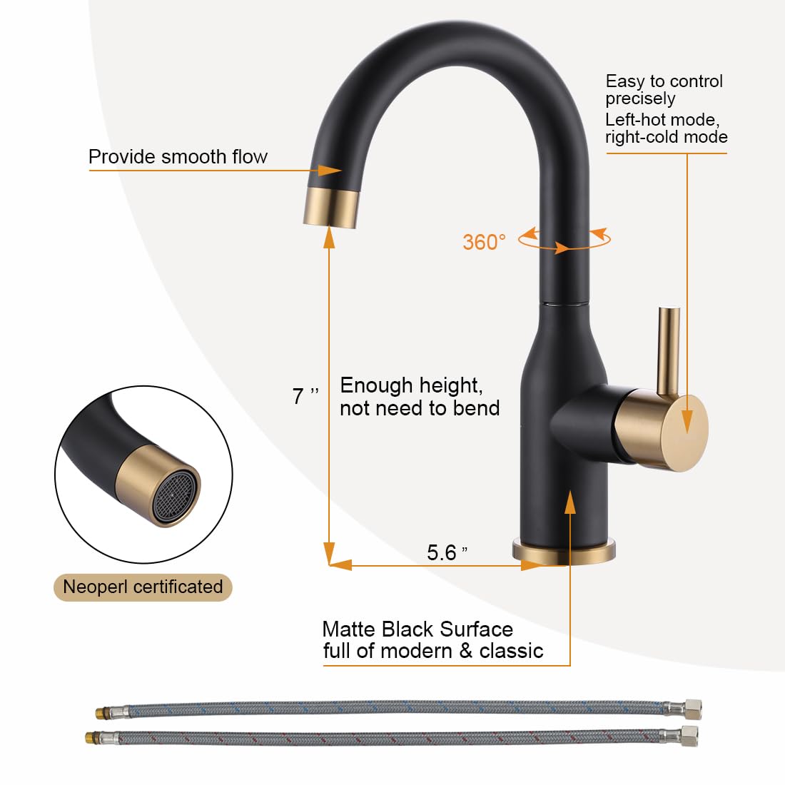 **Black & Gold Modern Single Handle Bar Sink Faucet – 1 Hole Mini Kitchen Faucet with 360° Swivel & Water Supply Hoses – Perfect for RV, Tiny Homes, Wet Bars & Small Kitchen Sinks**