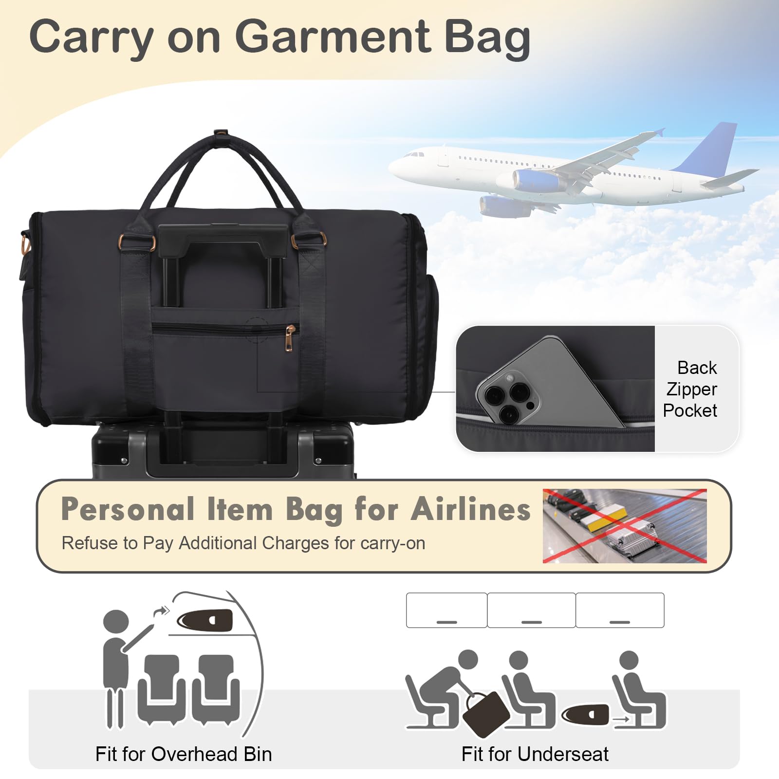 WOOMADA Convertible Travel Garment Duffle Bag with Shoe Compartment & Hanging Dress Section - Women's Carry-On Luggage for Business Trips, Vacations & Weekend Getaways (Black)