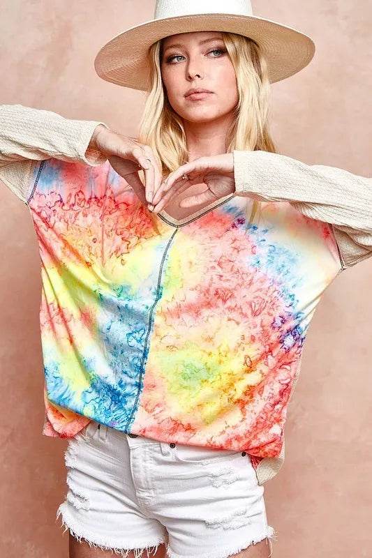 BiBi Print Block V Neck Top with Contrast Stitching - Stylish Women's Casual Blouse for Work, Date Night & Summer Outfits