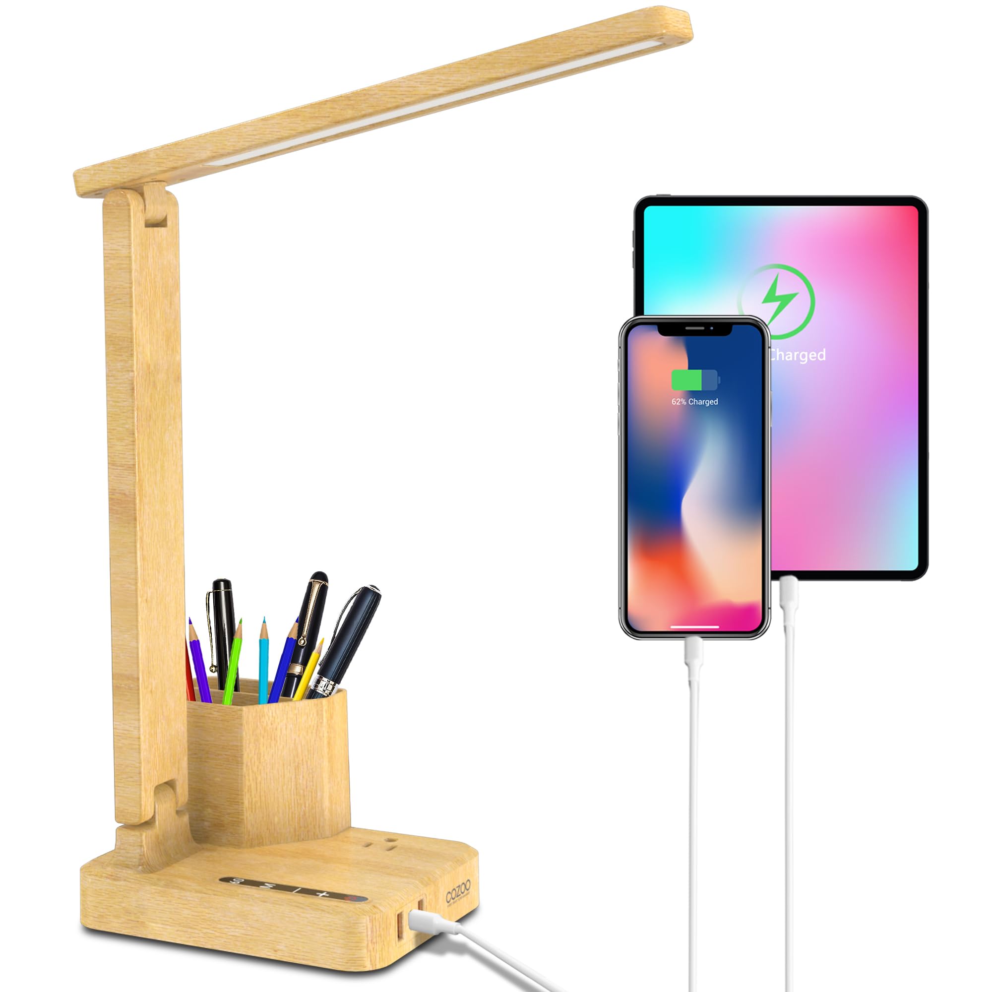 Cozoo LED Desk Lamp with 3 USB Ports & AC Outlet - Adjustable Color Temperature & Brightness, Touch Control, Memory & Timer - 10W Eye-Caring Foldable Reading Light for Office, Study, and Home Workspace