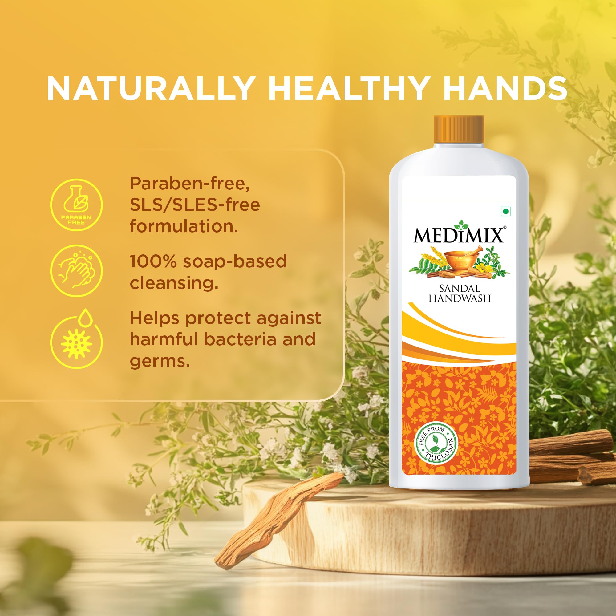 Medimix Sandal Liquid Handwash 1L Refill Bottle - Natural Germ Protection, Soft & Moisturized Hands, Free from Harsh Chemicals | Enriched with 18 Herbal Extracts | Perfect for Homes, Offices & Healthcare Facilities