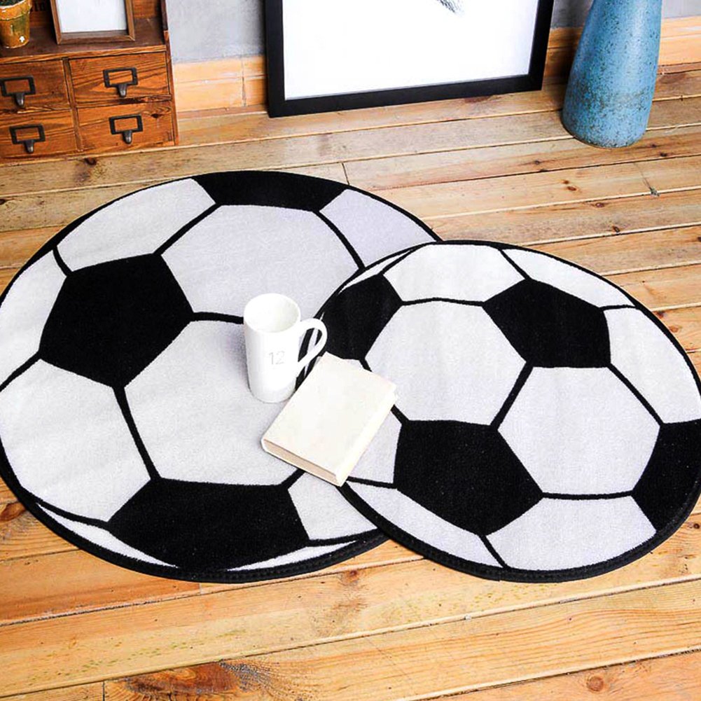 BESUFY Soft Fluffy Round Football Carpet - Non-Slip Kids Bedroom Rug, Winter Indoor Floor Mat for Boys Room & Christmas Decor (Black) - Perfect for Cozy Bedrooms, Playrooms and Holiday Home Decor
