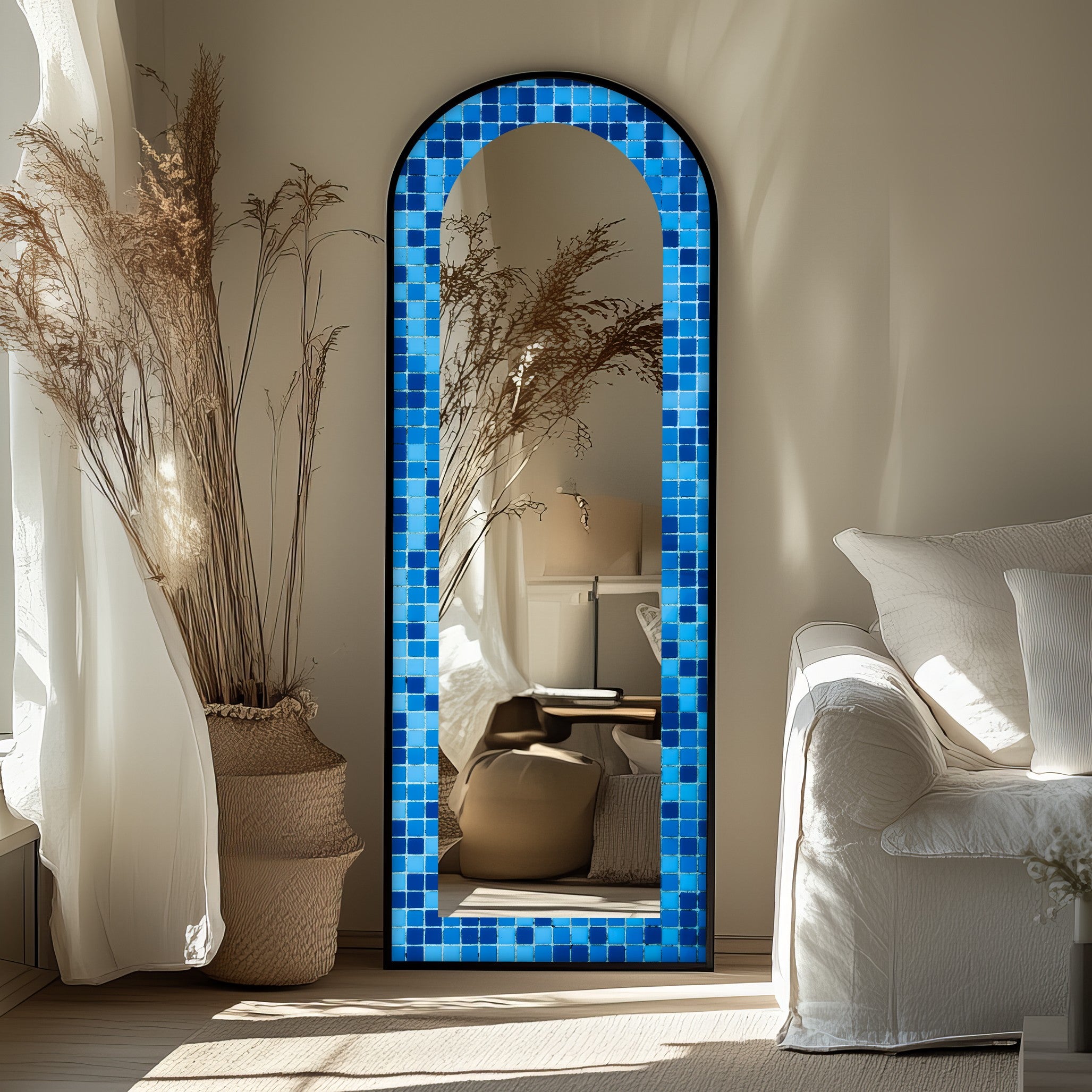 Blue Mosaic Pattern Full Length Floor Mirror - Elegant Home Decor for Bedroom, Living Room & Entryway