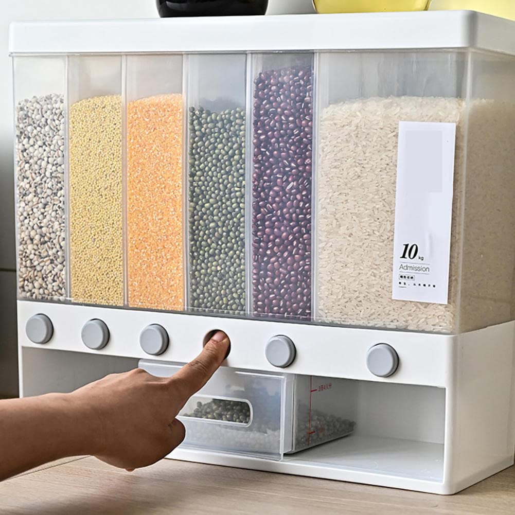 BAWAQAF Airtight Grain Dispenser - Moisture-Proof Automatic Rice Dispenser with Wall Mount - Dry Food Storage Container for Kitchen, Pantry Organization - Perfect for Rice, Cereal, Pasta & Pet Food Storage