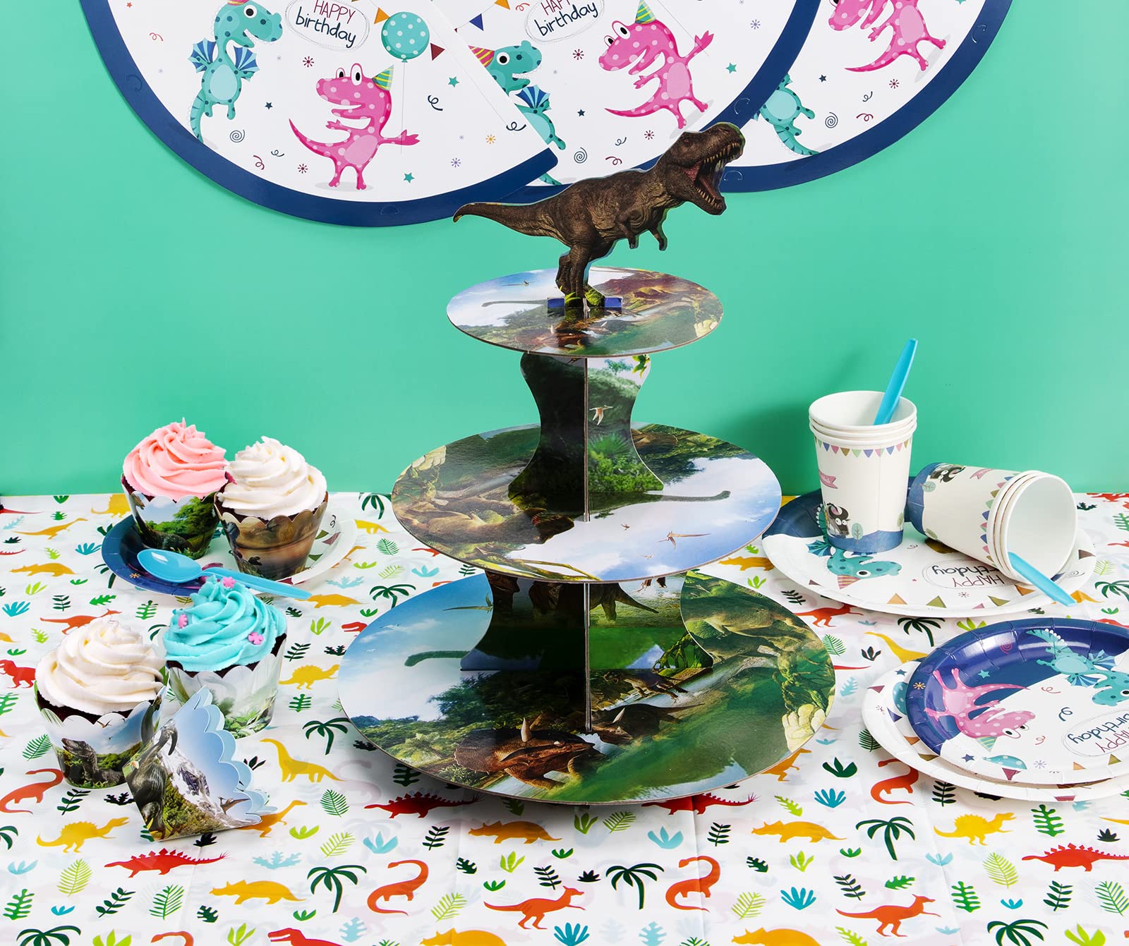 3-Tier Dinosaur Cupcake Stand for Birthday Parties - Holds 24 Cupcakes | Dinosaur Theme Party Decor for Boys & Kids | Perfect for Birthday Cakes, Desserts & Sweet Table Displays