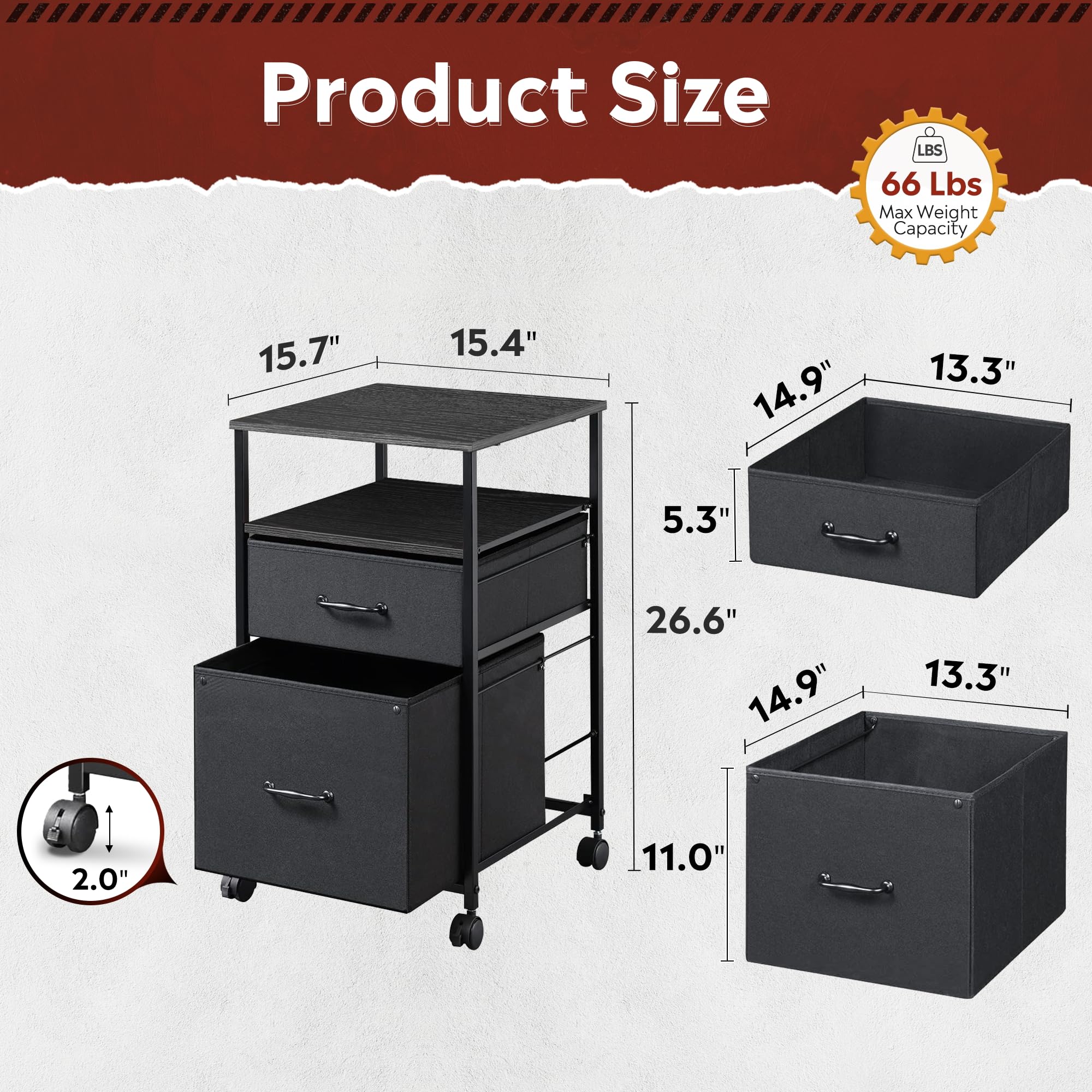 DEVAISE Mobile File Cabinet with Wheels - Rolling Printer Stand with Open Storage Shelf, Fabric Vertical Filing Cabinet for A4 & Letter Size Documents - Home Office Organization, Black - Perfect for Small Spaces & Workspaces