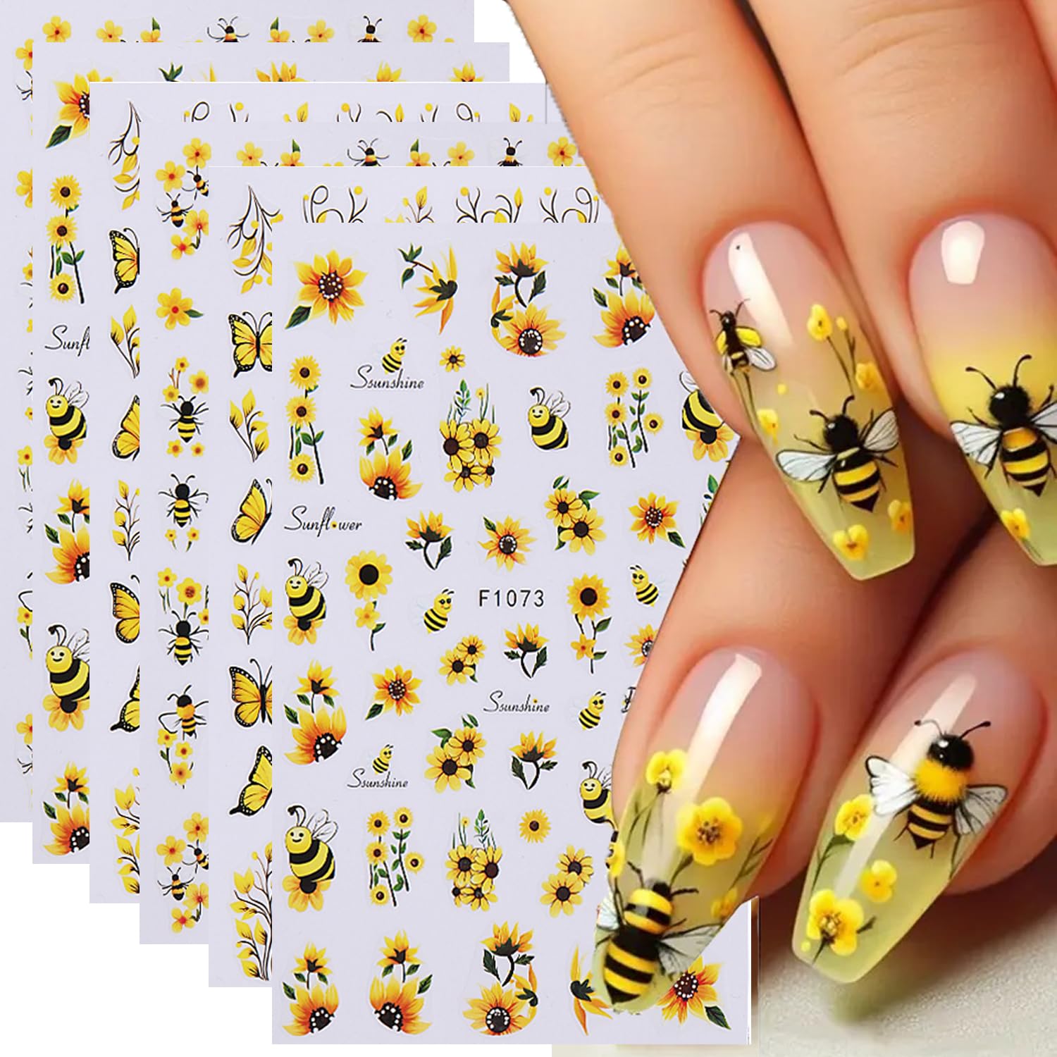6 Sheets Flower Nail Art Stickers - Sunflower, Bee & Butterfly Designs, Self-Adhesive Nail Decals for Women, Spring Floral Nail Supplies, Cute Elegant Nail Decor for Parties, Weddings & Daily Manicures
