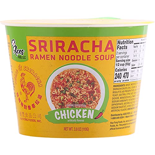 Huy Fong Sriracha Rooster Chicken Flavor Instant Ramen Noodle Bowls (2-Pack) - Spicy & Convenient Meal for Quick Lunches, Office Snacks & Late Night Cravings
