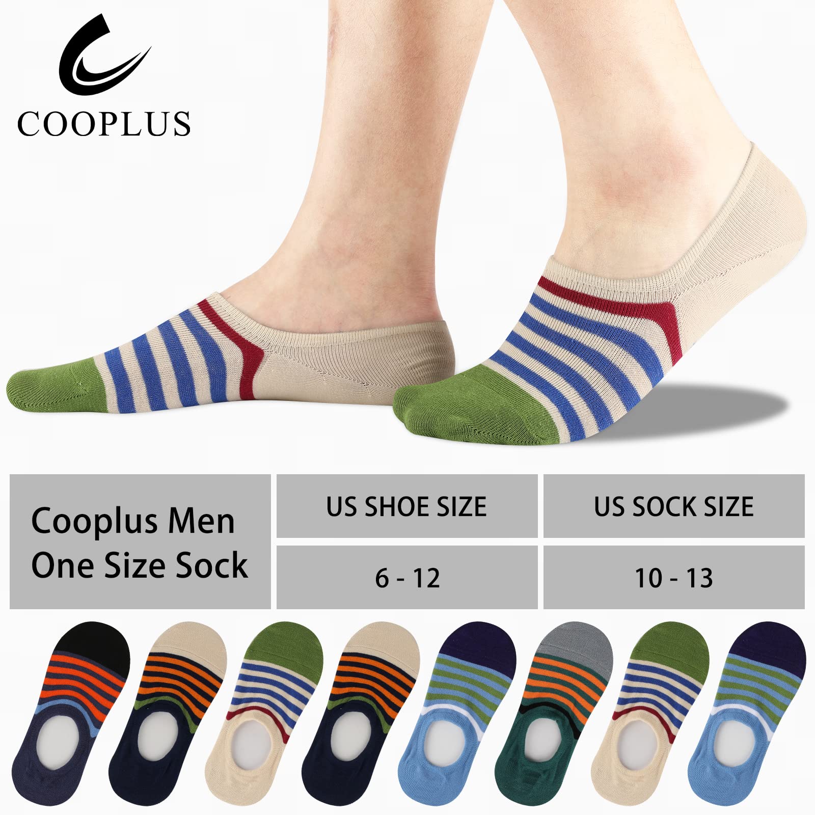 COOPLUS Men's No Show Socks 8-Pack - Breathable Cotton Low Cut Invisible Socks with Non-Slip Grip for Casual Wear, Sneakers & Boat Shoes | Perfect for Workout, Running & Daily Comfort