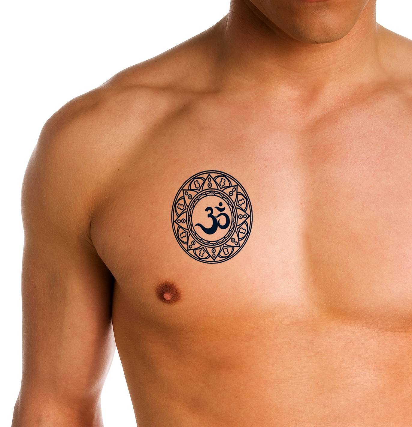 Semi-Permanent Temporary Tattoo Ink - Lasts 1-2 Weeks - Sacred AUM Mantra & Power Symbols in Navy Blue - Realistic Body Art for Men & Women - Chest, Neck, Arm Tattoos - 4 Sheets - Perfect for Spiritual Practice, Yoga, Meditation & Festival Body Art