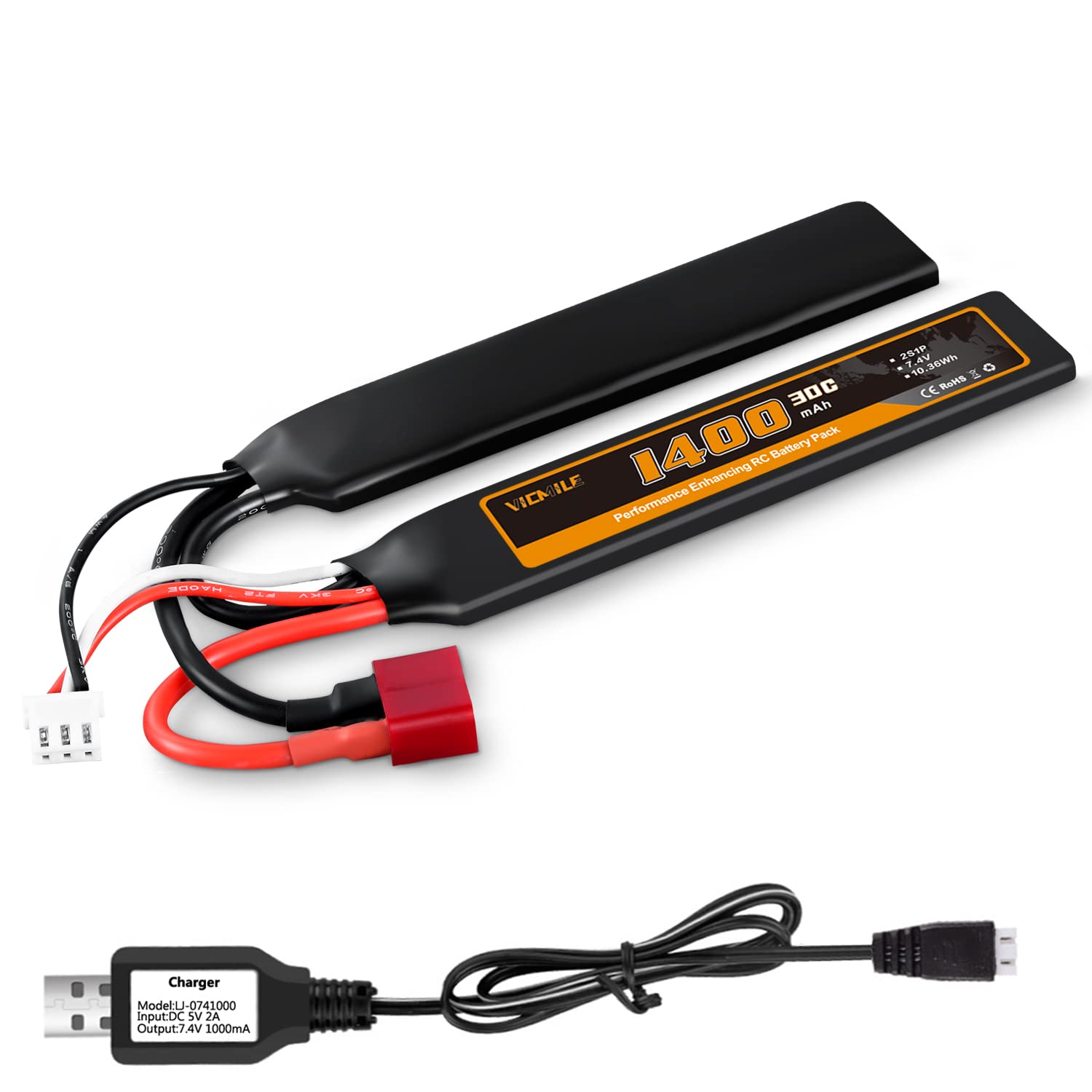 VICMILE 7.4V 1400mAh 2S Lipo Battery with Deans T Plug - 30C High Discharge Rate Rechargeable Airsoft Battery & Charger - Compatible with Airsoft Guns, RC Cars, and Drones - Perfect for Outdoor Shooting Games and RC Hobby Activities
