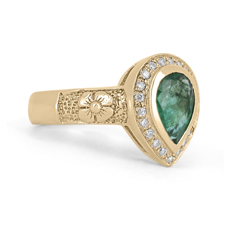 1.86tcw 14K Gold Natural Emerald Pear Cut Diamond Floral Engagement Ring for Women - Perfect for Weddings, Anniversaries & Special Occasions