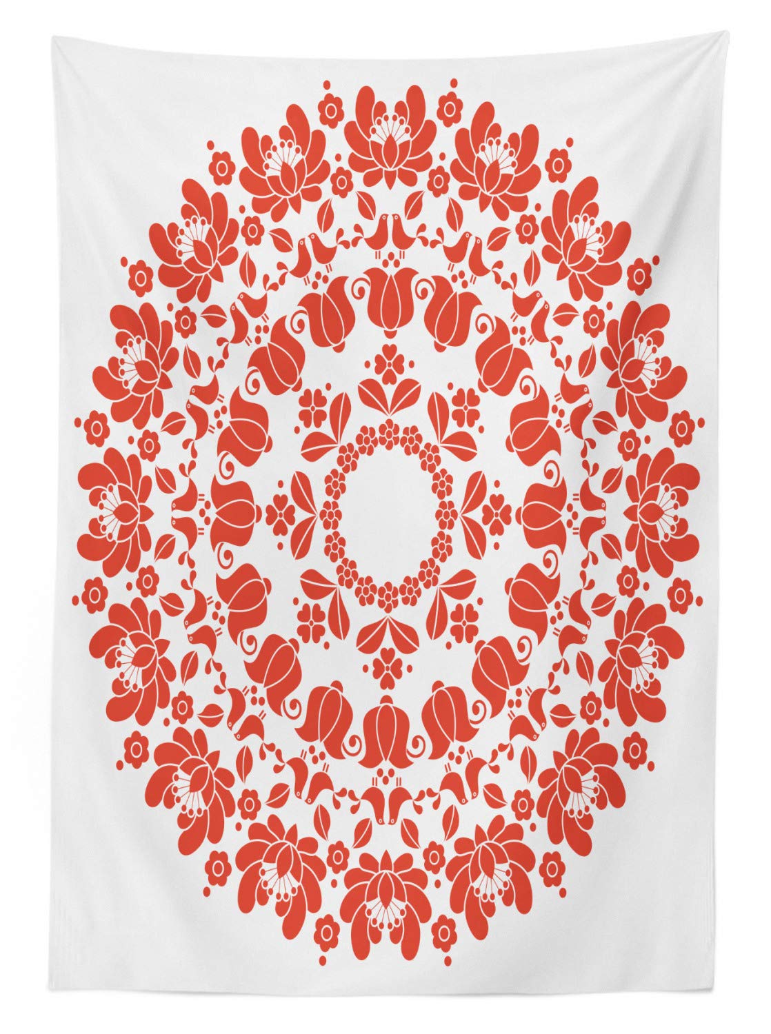 Ambesonne Orange Mandala Outdoor Tablecloth | Hungarian Round Folk Art Tulip Pattern | Traditional Washable Picnic Table Cover 58x84 inches | Perfect for Garden Parties, BBQs & Outdoor Dining | White & Vermilion