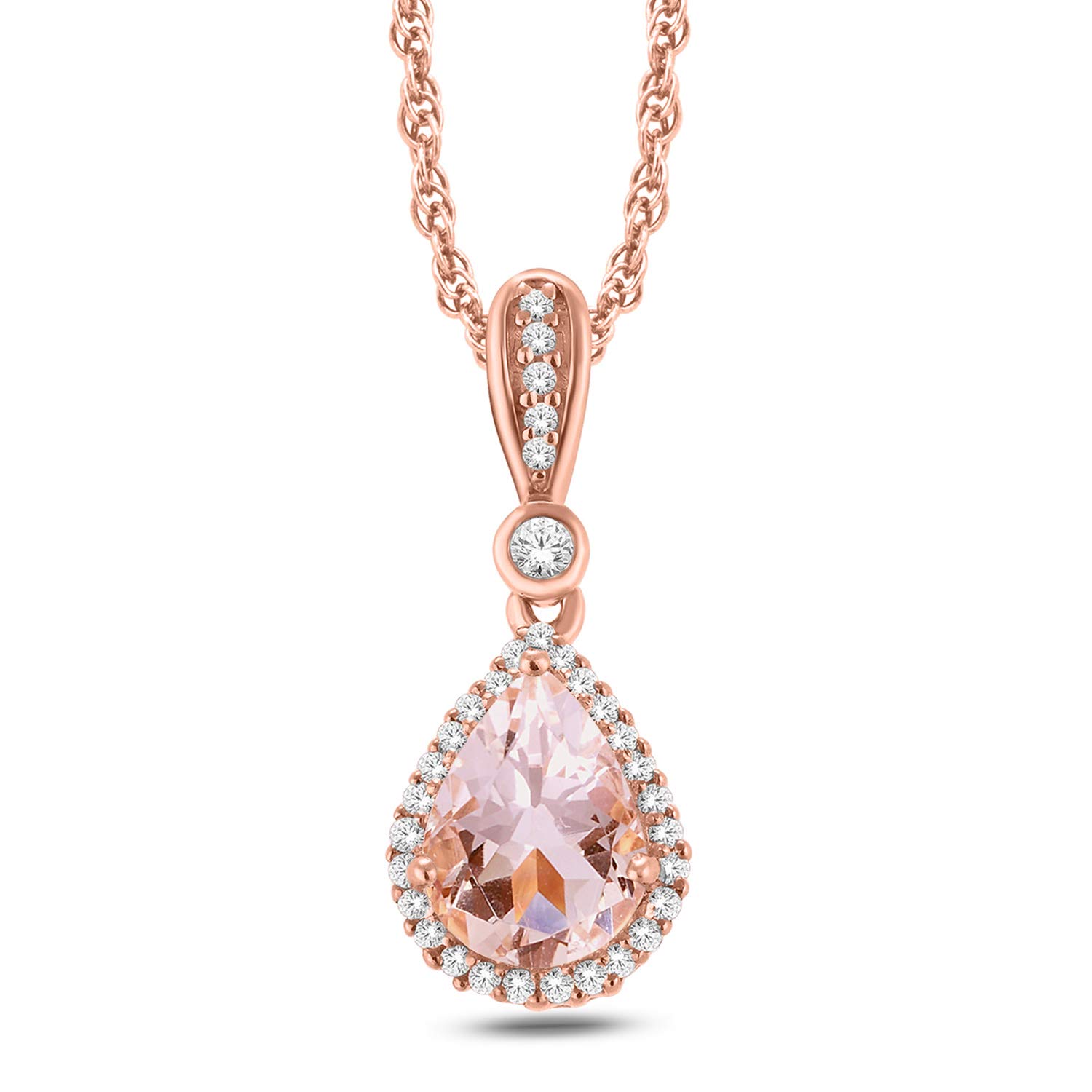 3/4cttw Pear-Shaped Morganite & Diamond Accent Pendant Necklace for Women - 10k Rose Gold Genuine Morganite & 1/10cttw Round Diamond Jewelry - Perfect for Valentine's Day, Anniversary & Special Occasion Gifts