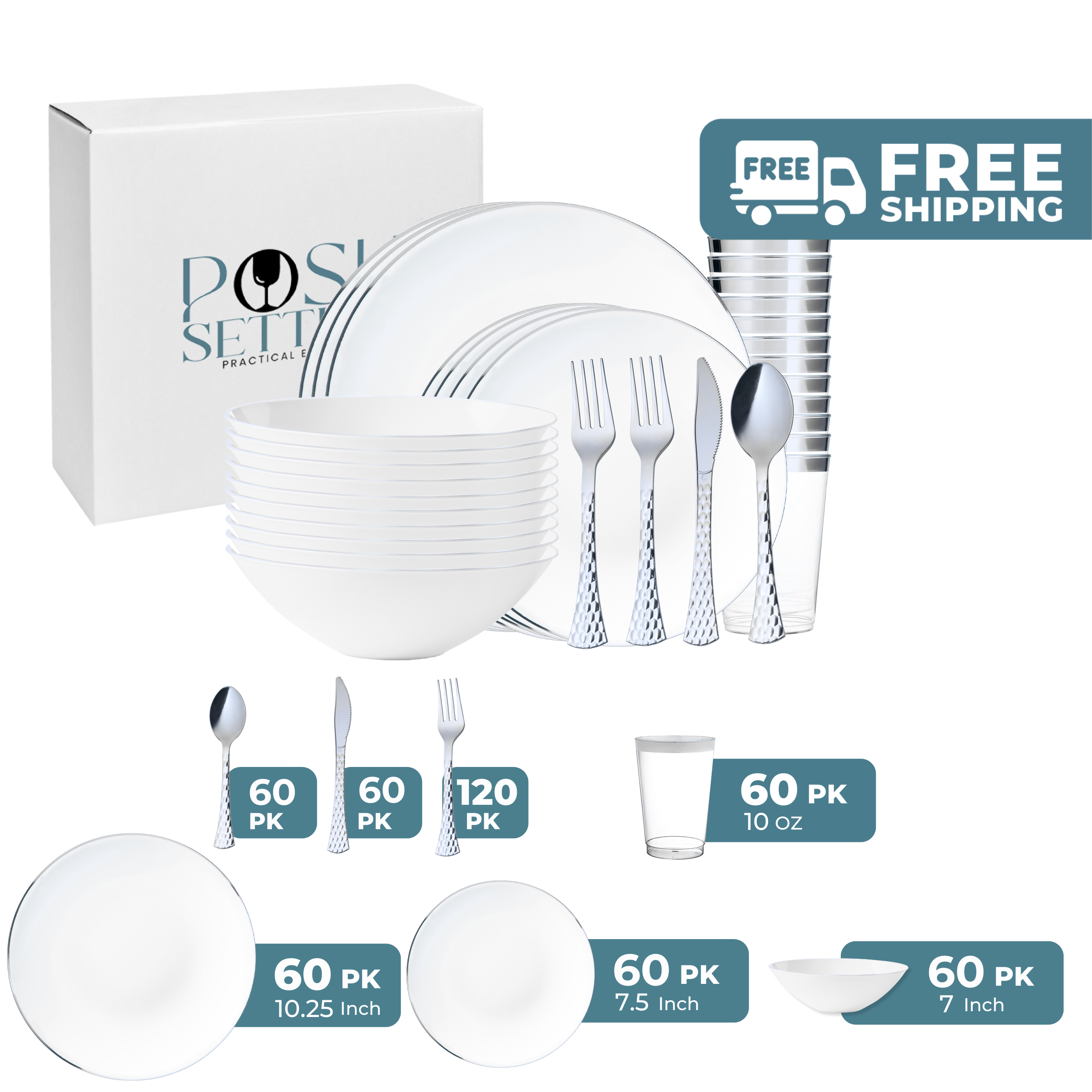 Silver & White Plastic Party Bundle - Eco-Friendly Disposable Tableware Set for Birthday, Wedding & Holiday Celebrations - Perfect for Parties, Picnics & Events