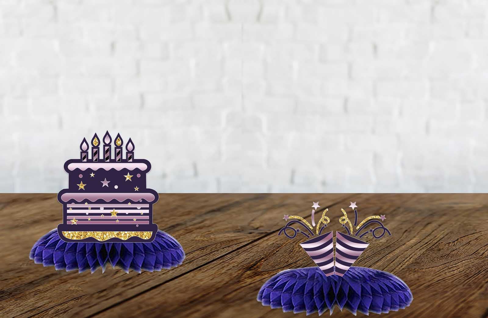 55th Birthday Honeycomb Centerpieces - Purple & Gold Table Toppers for 55 Years Celebration | Party Decorations for Women & Men | Perfect for Anniversary & Milestone Birthday Parties | Cheers to 55 Years Table Decor
